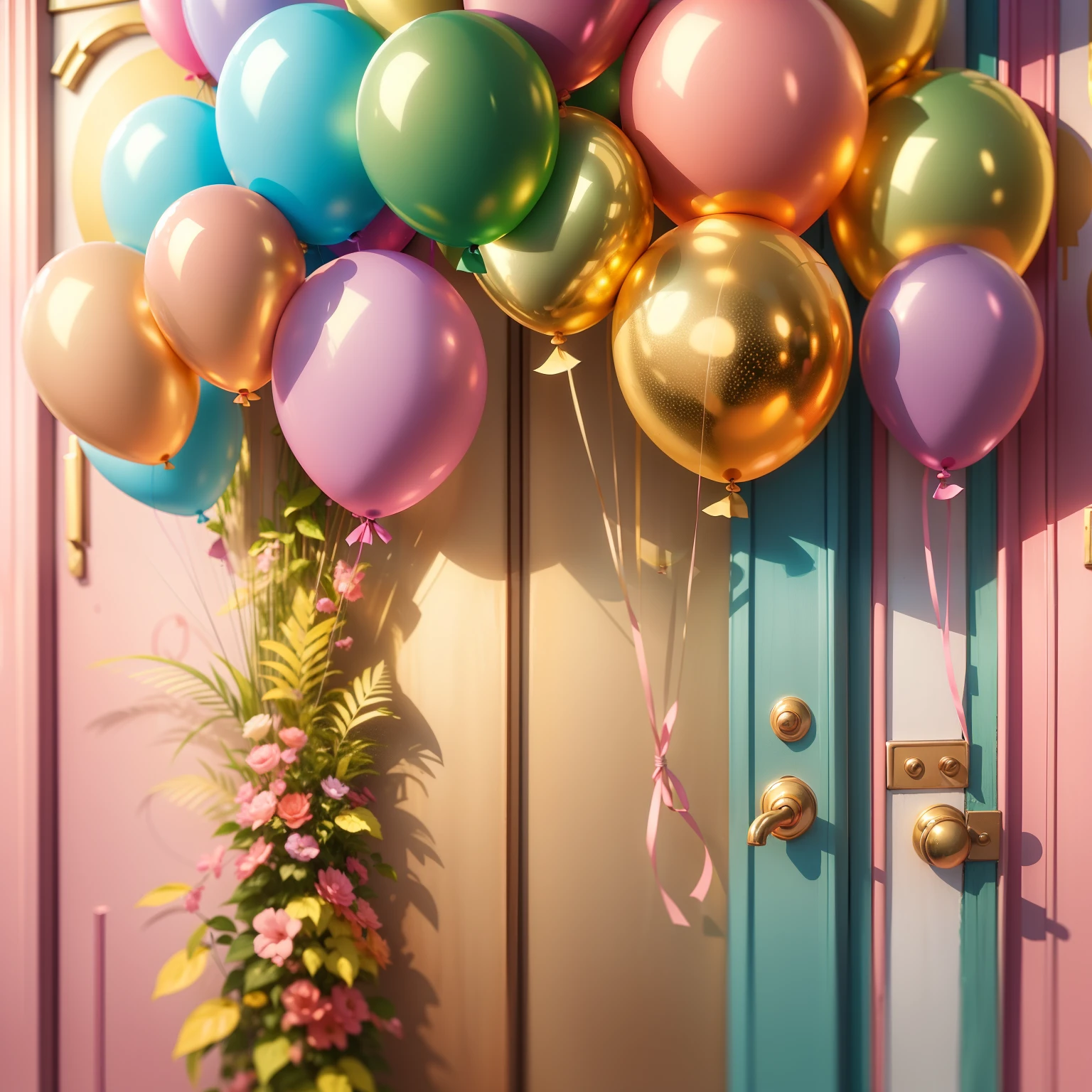 a closeup of a pink door with balloons and a , colorful backdrop, solid color backdrop, with golden party balloons, party balloons, rosa e dourado e verde,, hight decorado, rosa , pop e cores vibrantes, esquema de cores rosa quente e dourado, Botanical scenery Balloons