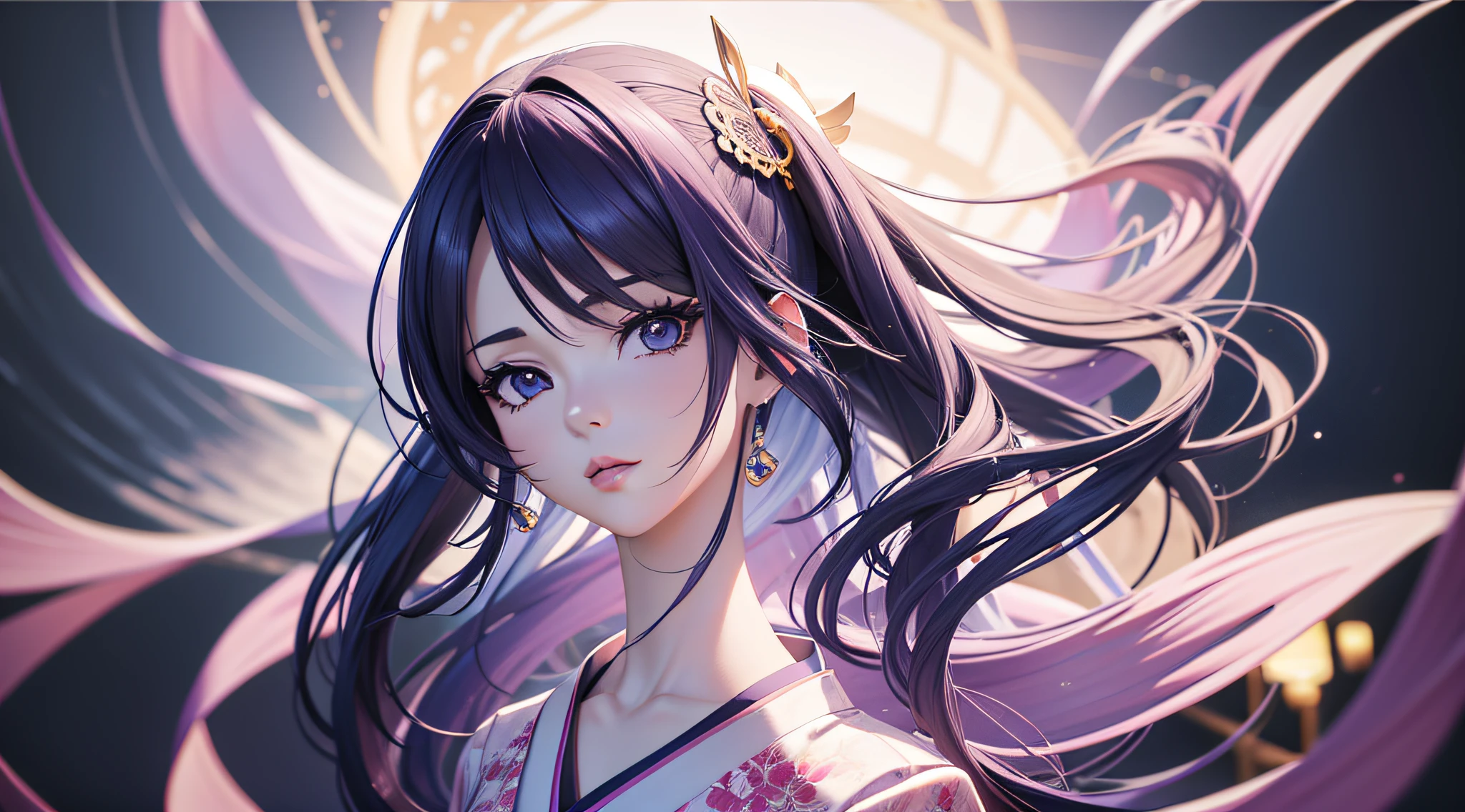 Garota inocente de anime de corpo inteiro com cabelo roxo e azul com roupas longas estilo kimono branco posando para uma foto, arte cg anime suave, photorealistic anime girl rendering, Estilo de anime 3D realista, anime. soft lighting, Arte Digital Anime, Arte Digital Anime detalhada, Arte de anime realista, Advanced digital anime art, Estilo anime 4K, 3 d anime realista, Anime estilo 3D