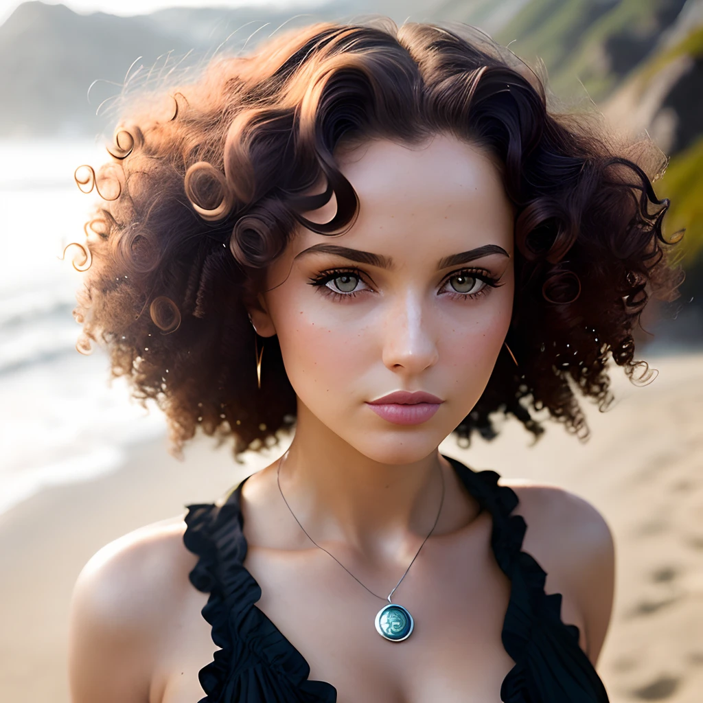 (sharp focus:1.2), photo, attractive mixed woman, (beautiful face:1.1), detailed eyes, luscious lips, (cat eye makeup:0.85), (large eyes:1.0), (toned body:1.2), (curly hair:1.2), wearing (sundress:1.2) sitting on a (beach:1.2). (moody lighting:1.2), depth of field, bokeh, 4K, HDR. by (James C. Christensen:1.2|Jeremy Lipking:1.1), body freckles, green eyes, freckles, beauty marks, sandy skin, sand on skin