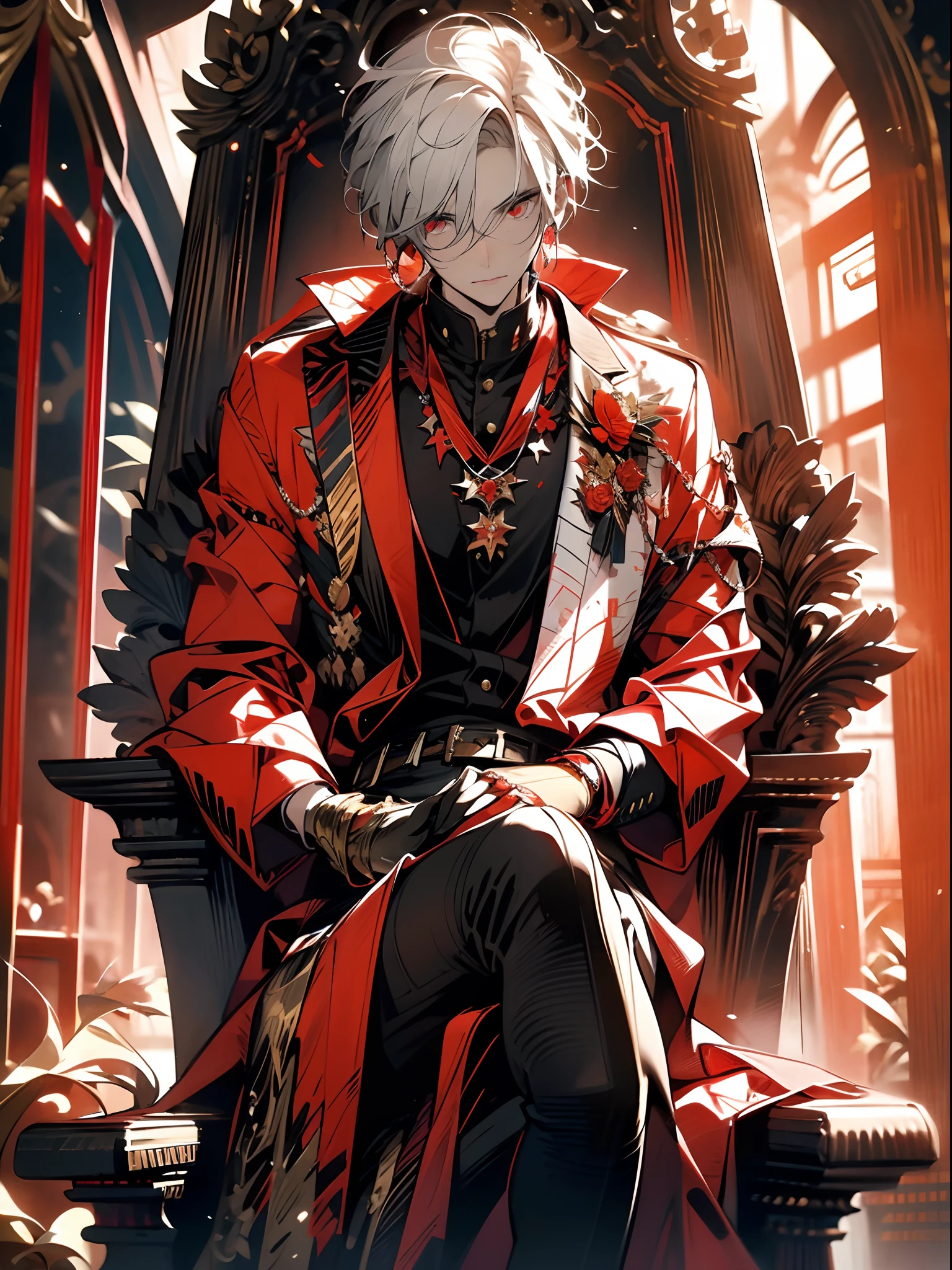 A white-haired, red-eyed prince sits on a majestic throne inside an abandoned palace. The environment around him is dark and gloomy, with cracks in the walls and cobwebs hanging there. The throne is ornate, with details in gold and precious stones, and is covered by a dusty cloth. The protagonist is wearing royal clothing, with a determined expression on his face, as he stares at the horizon with glowing red eyes, masterpiece, best quality, ultra-detailed, illustration, 8k resolution concept art, fantasy art, epic art, concept art wallpaper 4k, deep color, natural lighting
