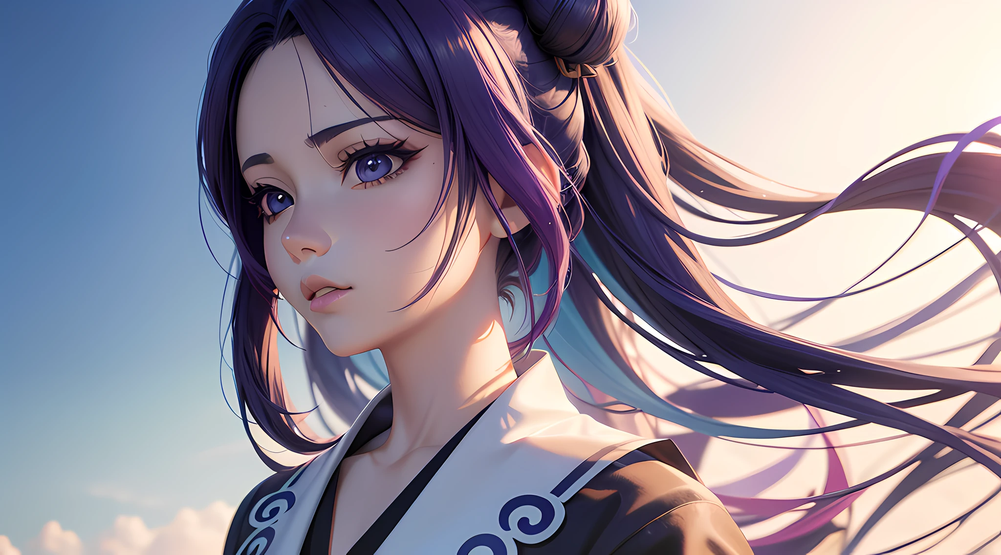Garota inocente de anime de corpo inteiro com cabelo roxo e azul com roupas longas estilo kimono branco posando para uma foto, arte cg anime suave, photorealistic anime girl rendering, Estilo de anime 3D realista, anime. soft lighting, Arte Digital Anime, Arte Digital Anime detalhada, Arte de anime realista, Advanced digital anime art, Estilo anime 4K, 3 d anime realista, Anime estilo 3D