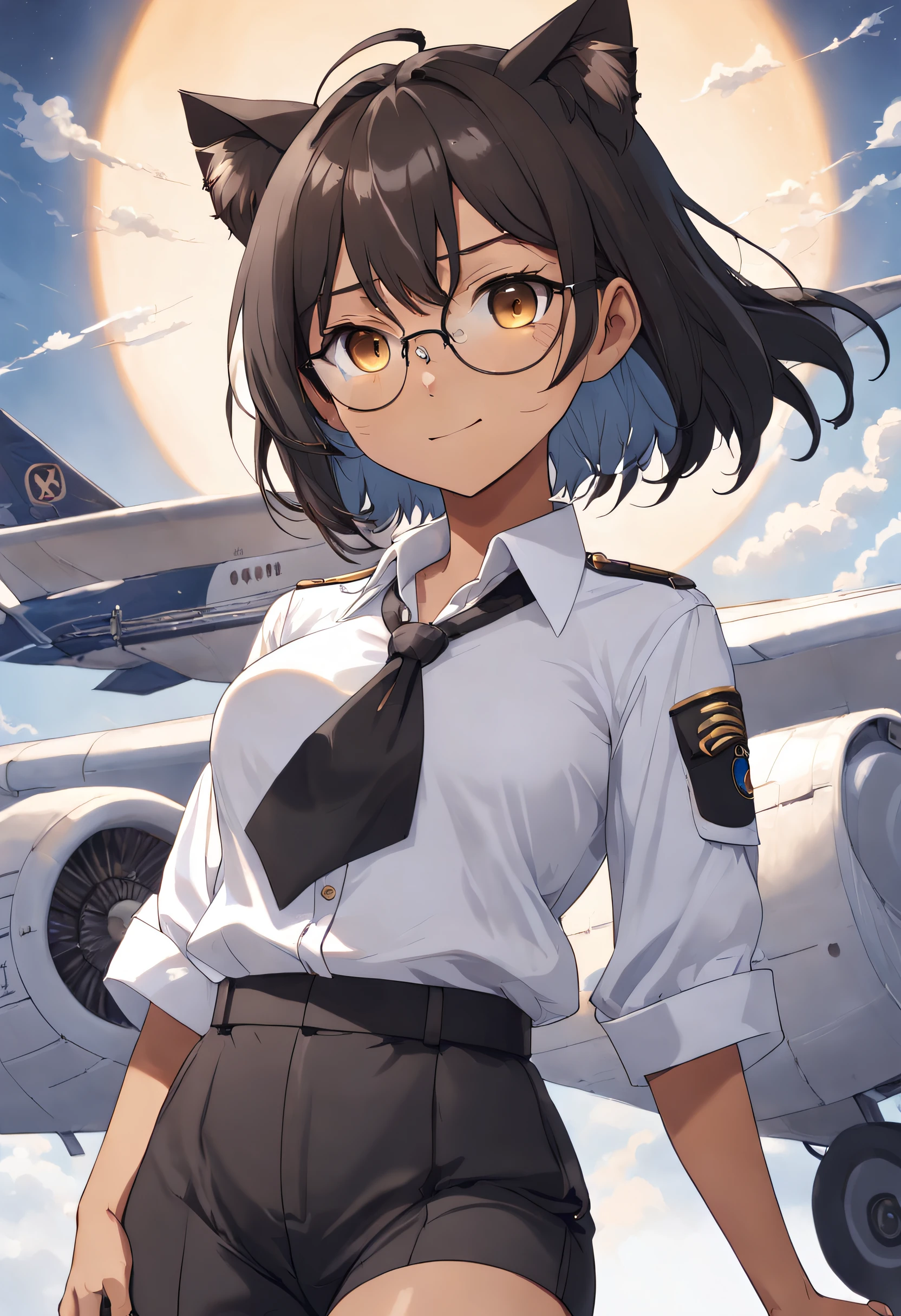 1girl in, short black bob hair, Yellow eyes, Round glasses, skin tanned,Dark skin ,Brown skin, She has light brown skin, petite body, Wearing a plain white formal work shirt, Wear long black pants, business tie, absurderes, hight resolution, ultrasharp, 8K, masutepiece, Looking at Viewer, Cat ears, Airline Pilot Uniforms, Airline pilots have, White background, Short sleeve, Bangs, flat chest, whiskers, androgyny, She has cat ears on her head, She has cat teeth, Cloudy background, Holding your pet black cat, Smiling, Large round glasses, No planes, Airplane cabin background, Wearing a choker around the neck, Twine around the neck, Smile, Necklace