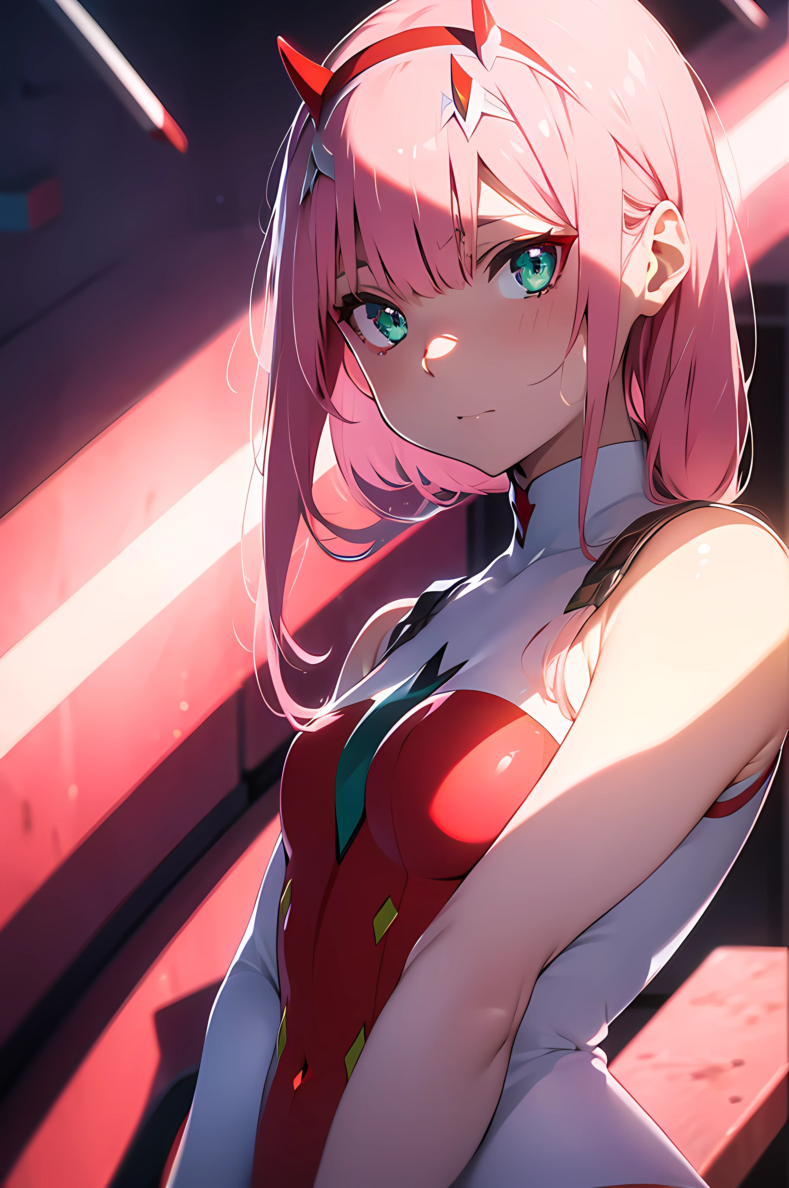 full body, Serious face, (masterpiece), best quality, expressive eyes, perfect face, anime girl, darling in the franxx anime, zero two darling in the franxx anime, green eyes, pink hair, zero two \(darling in the franxx\), red leggings, HDR (High Dymanic Range), Ray Tracing, Super resolution, Unreal 5, Subsoil Scatter, PBR Textures, Post Processing, Anisotropic filtering, Depth of Field, High Sharpness and Sharpness, Multilayer Textures, Surface shading, Precise simulation of light-material interactions, Perfect ratios, Octane rendering, duotone illumination, low ISO, white balance, Rule of thirds, Wide aperture, 8K RAW, high-efficiency sub-pixels, sub-pixel convolution, glow particles