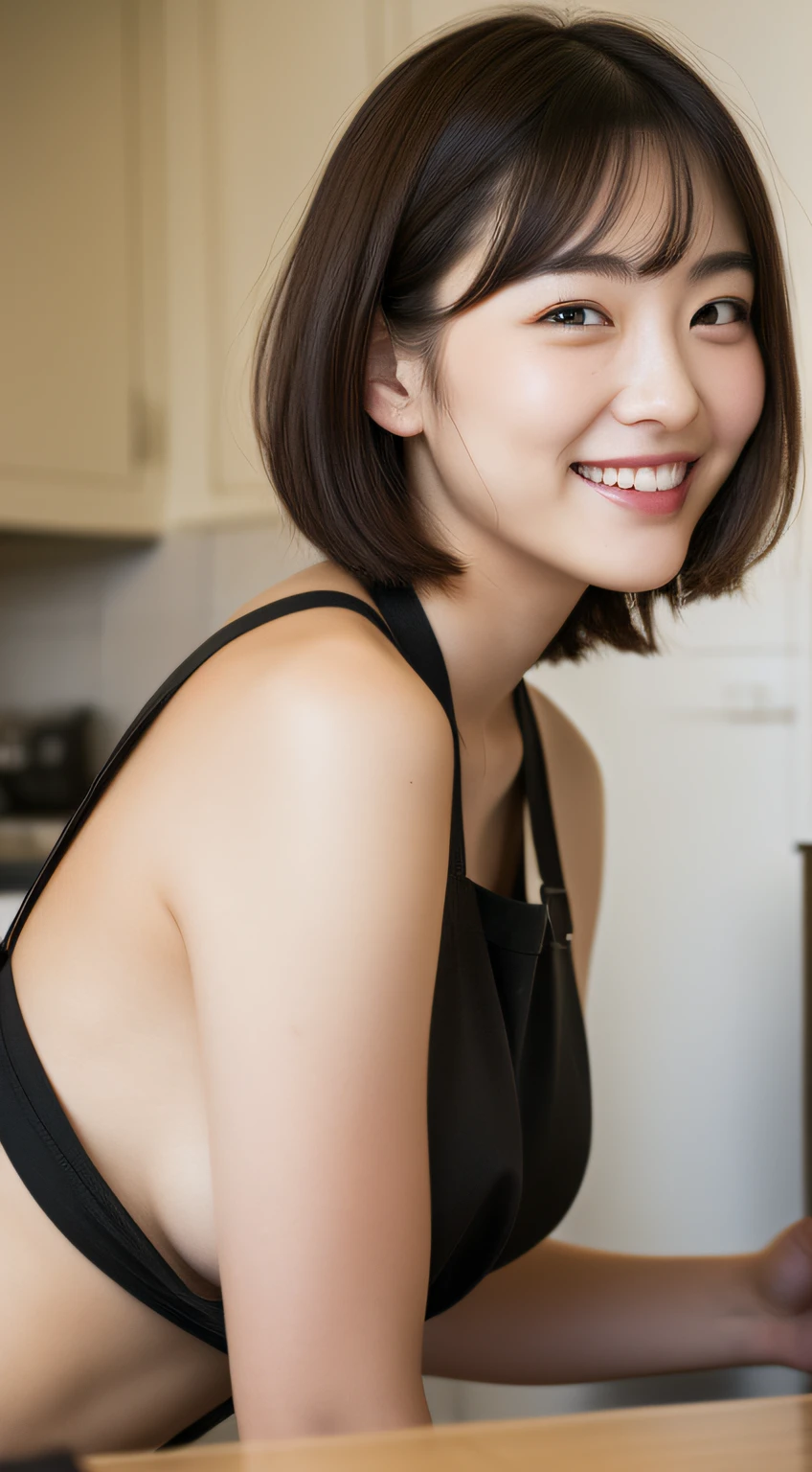 from side、Sit at the kitchen table、Naked apron、short-cut、a smile、(Colossal tits:1.2)、(masterpiece、top-quality)、((20 year old woman:1.ung adorable Japan face, dewy skin, Soft portrait shots,8K, short-hair、very extremely beautiful