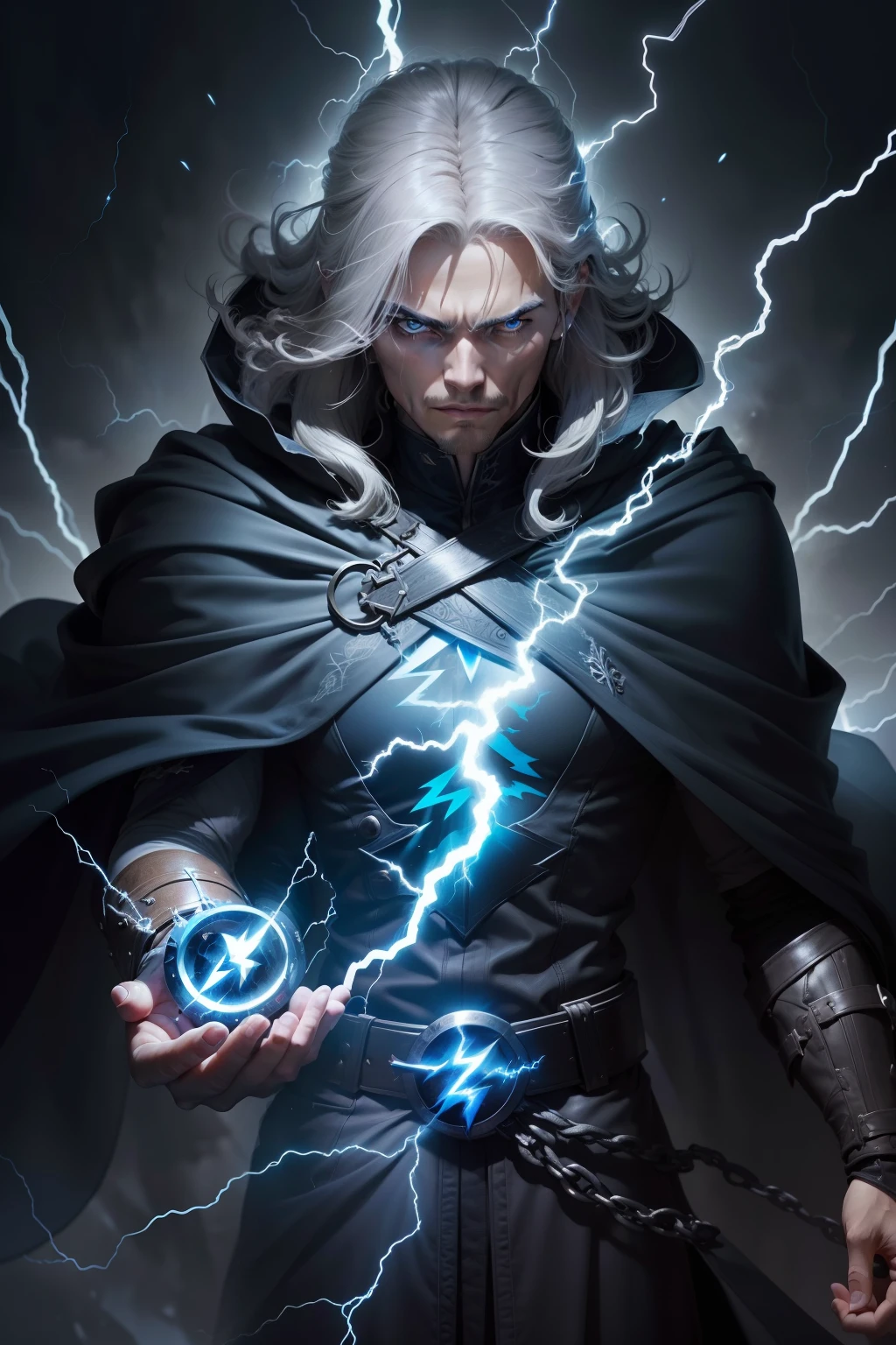 humano alto, longos cabelos grisalhos, olhos cinzentos, wears a dark blue cape with lightning symbols, He has a grimoire floating in front of him and his hands are covered in electricity