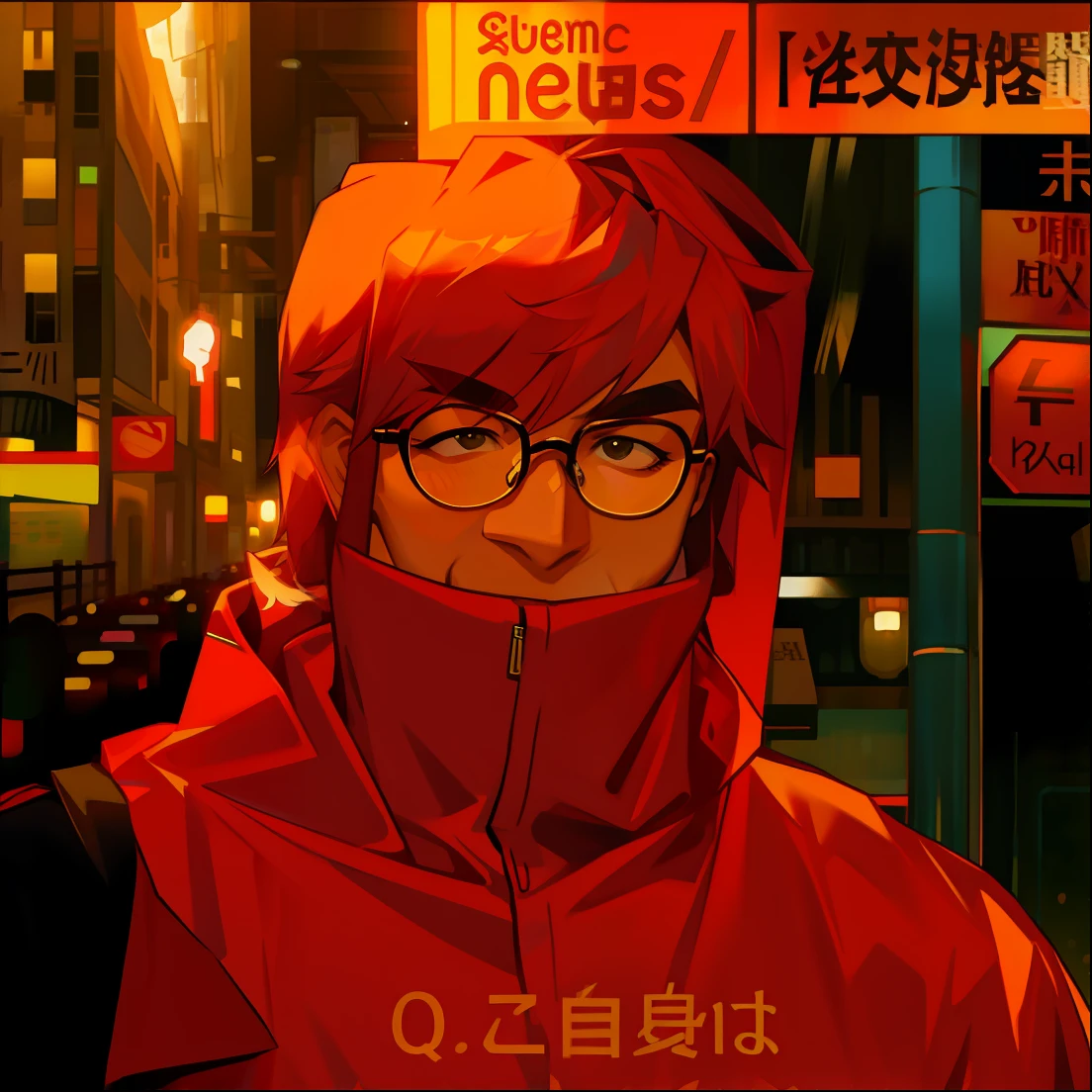 Wearing glasses on the street、ember、well-muscled、Upper body naked