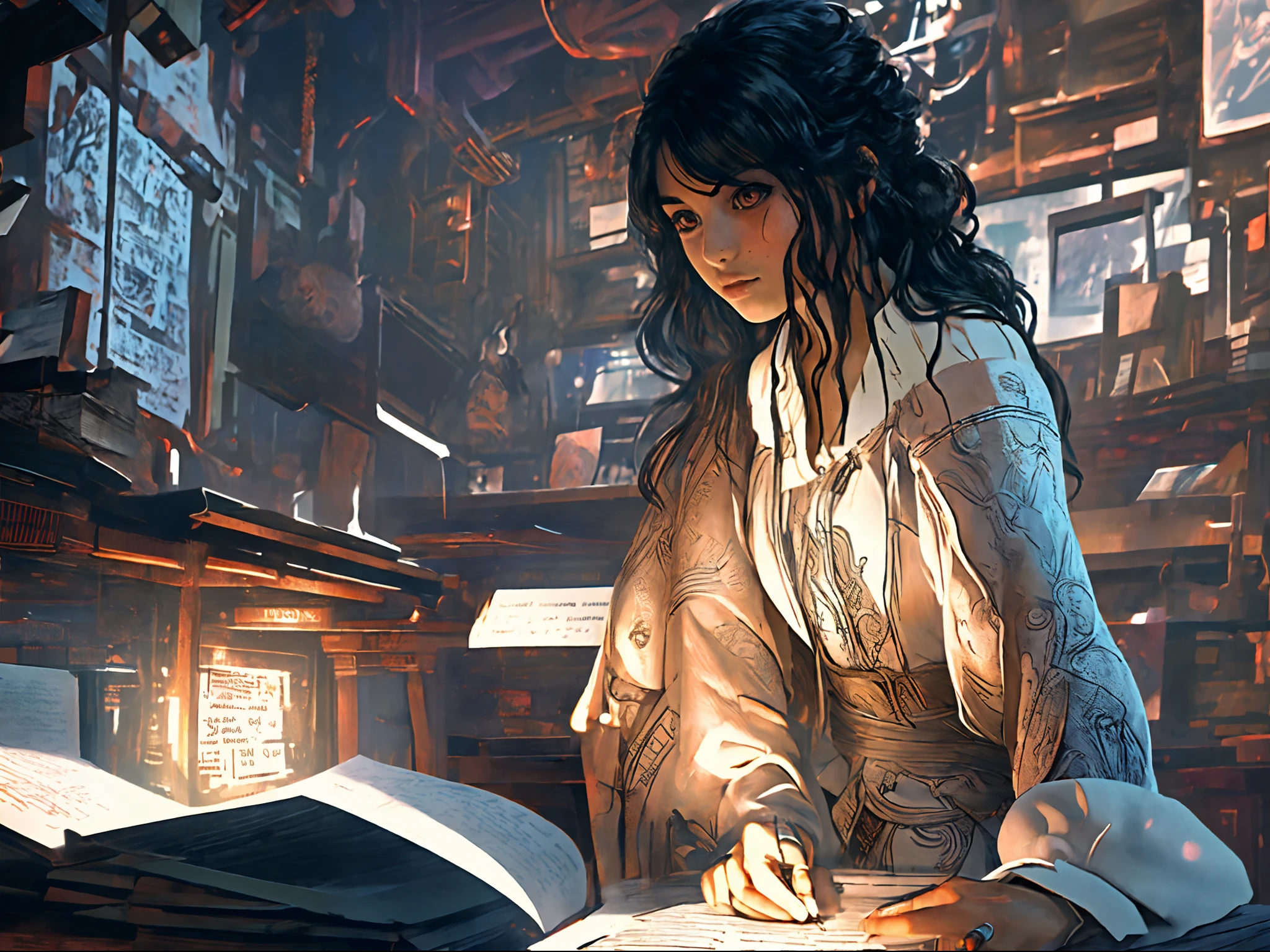 Master piece, detalles absurdos, There is a pretty woman sitting at a desk with a book and a pen., pelo recogido en coleta, lleva guantes negros, tratando de estudiar, Estudiando, ropa y estilo oriental, escenario entre bosques y arboles, sat at her desk, estudioso, illustration!, laborable, Estudiante femenina de arte emo, Postura del hombro en la parte delantera, claroscuro estudioso, Sentado en un escritorio