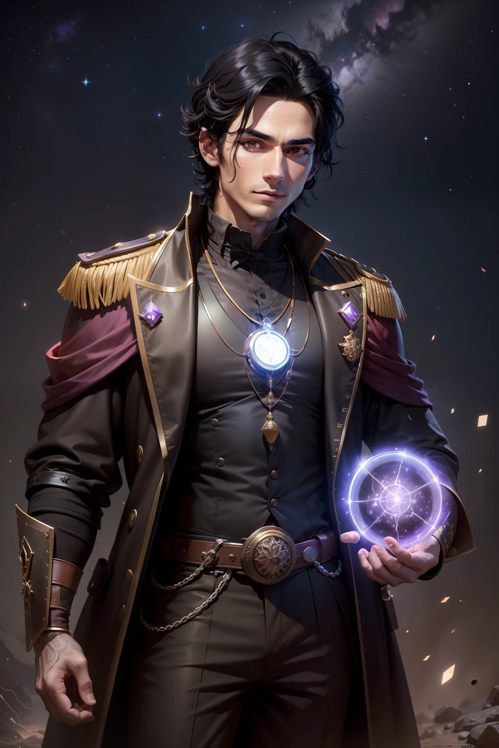 Create a man with black hair, brown eyes, wearing clothes from the 1800s holding a purple glowing amulet with constellations behind him