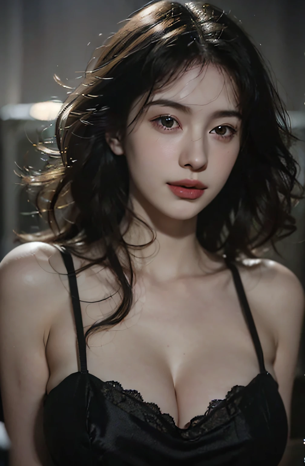 (RAW photo, best quality), ((Nostalgia,1980s syle)),(A girl with a literary atmosphere:1.2),(realistic, photo-realistic:1.3), extremely delicate and beautiful, Amazing, finely detail, (Huge Boobs:1.3), masterpiece, ultra-detailed, highres,best illustration, best shadow,intricate,depth of field,(closeup portrait of a young beautiful woman:1.2),long hair,messy hair,((((low key,dark scene,dimly lit)))),(((soft lighting:1.4))),(pale skin:1.4),(shy smile),(cinematic angle),sharp focus, volumetric fog, 8k UHD, DSLR, high quality,( film grain:1.4), Fujifilm XT3,(looking at viewer), pale skin