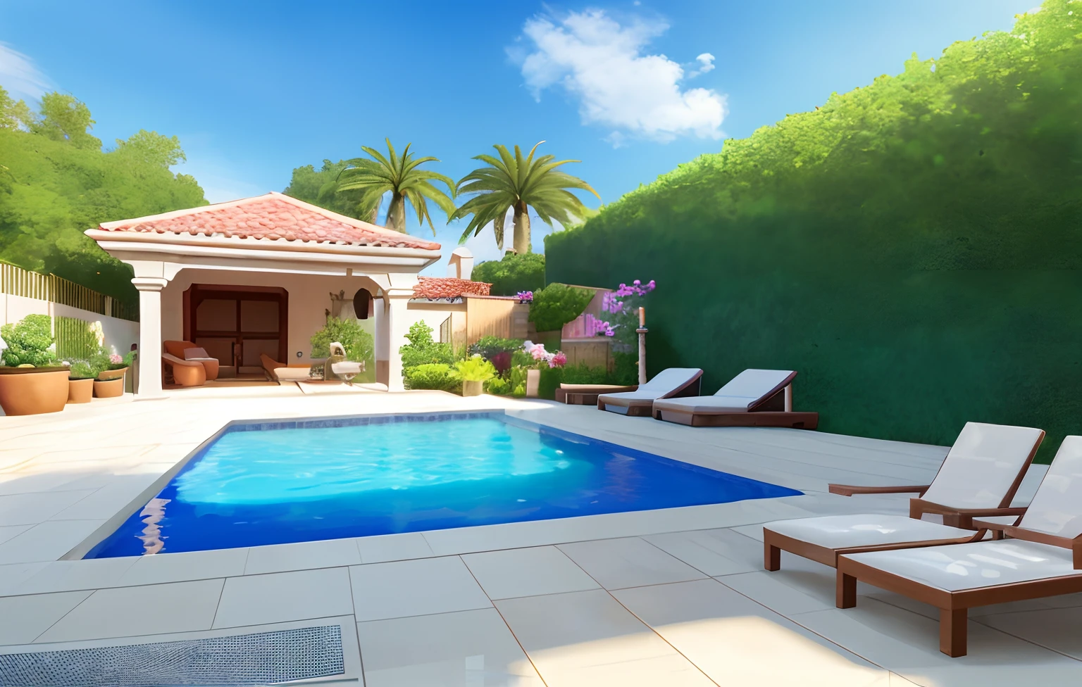 Scenery, swimming pool, backyard, mediterranean architecture, backyard, lush garden pplants with colorful blooms, deck with cozy firepit