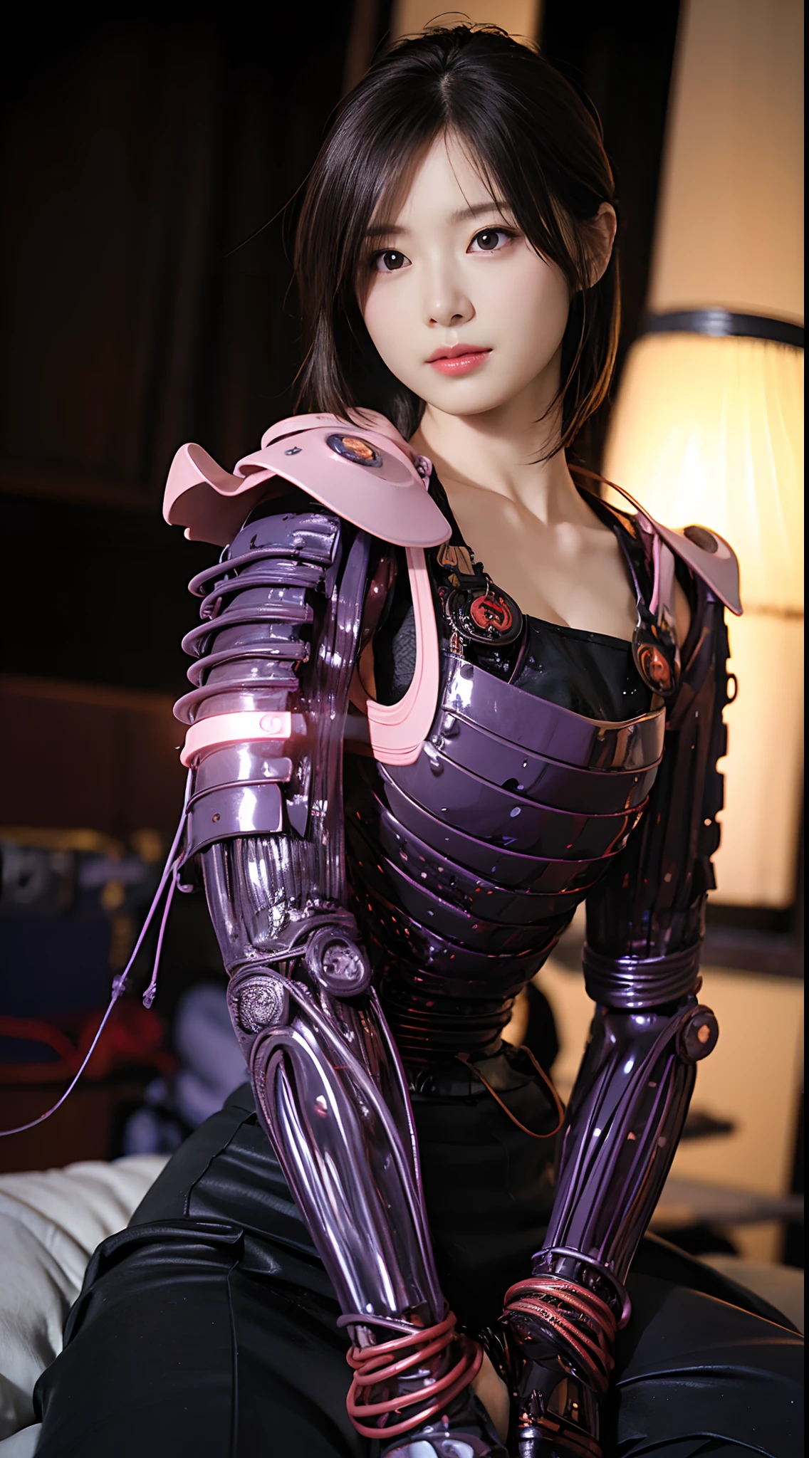 Top Quality, Masterpiece, Ultra High Resolution, (Photorealistic: 1.4), Raw Photo, 1 Girl, Black Hair, Glossy Skin, 1 Mechanical Girl, (Ultra Realistic Detail)), Portrait, Global Illumination, Shadows, Octane Rendering, 8K, Ultra Sharp, Big, Cleavage Exposed Raw Skin, Metal, Intricate Ornament Details, Japan Details, Very intricate details, realistic light, CGSoation trend, purple eyes, glowing eyes, facing the camera, neon details, mechanical limbs, blood vessels connected to the tube, mechanical vertebrae attached to the back, mechanical cervical attachment to the neck, sitting, wires and cables connecting to the head, gundam, small LED lamps,