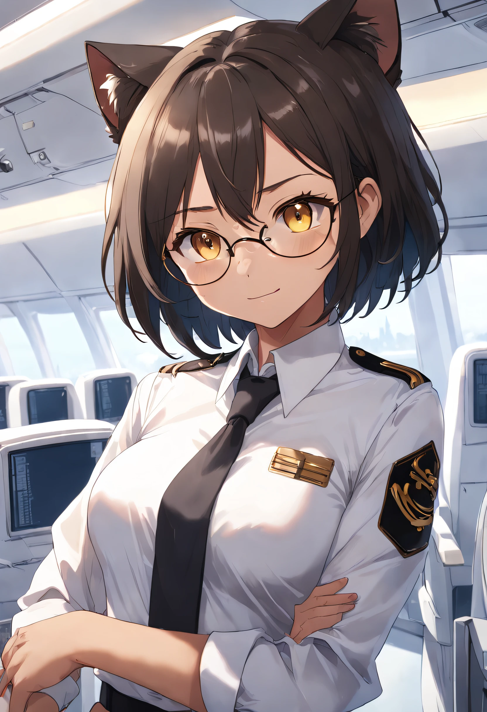 1girl in, short black bob hair, Yellow eyes, Round glasses, skin tanned,Dark skin ,Brown skin, She has light brown skin, petite body, Wearing a plain white formal work shirt, Wear long black pants, business tie, absurderes, hight resolution, ultrasharp, 8K, masutepiece, Looking at Viewer, Cat ears, Airline Pilot Uniforms, Airline pilots have, White background, Short sleeve, Bangs, flat chest, whiskers, androgyny, She has cat ears on her head, She has cat teeth, Cloudy background, Holding your pet black cat, Smiling, Large round glasses, No planes, Airplane cabin background, Wearing a choker around the neck, Twine around the neck, Smile, Necklace