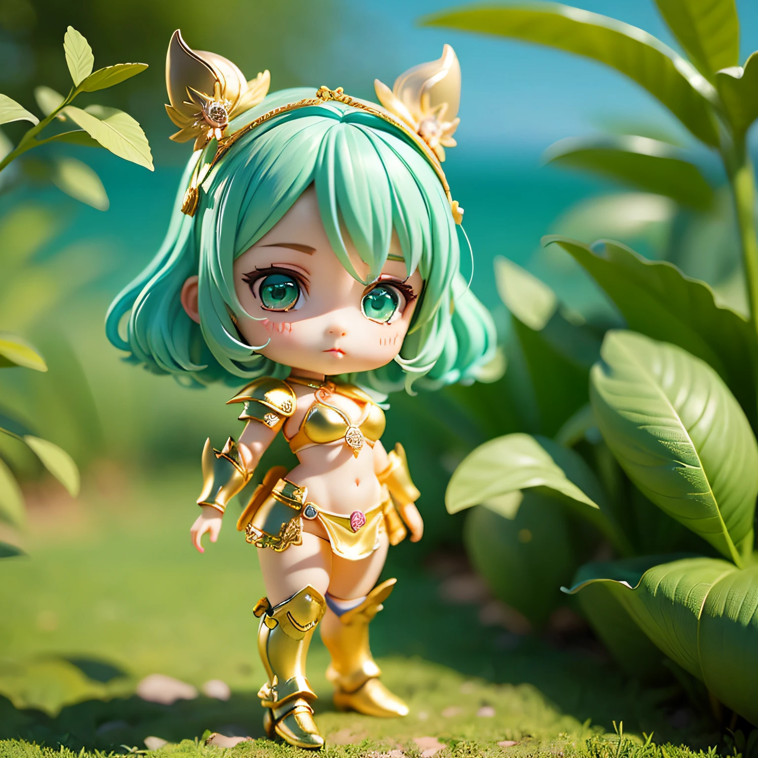 charming girl, blind box toy style, kwaii, cute, Chibi, Full body, Foot Stand, golden bikini armor, gold armor, Elegant, Attractive, Beautiful, feminine charm, provocative pose, expressive body language, green hair, Bright aqua eyes, (masterpiece), (best quality:1.4),