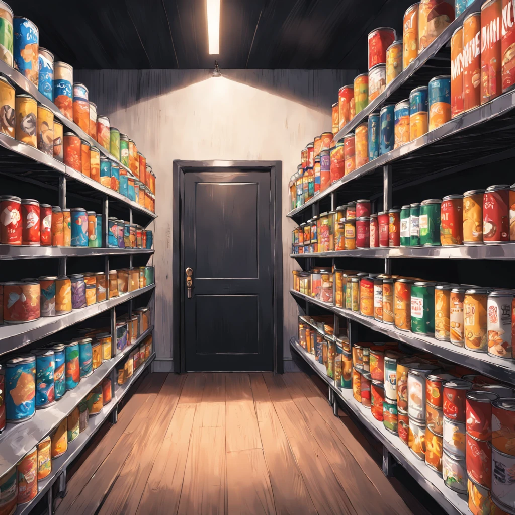 Canned goods in the foreground on wooden shelves, Inside the shop with black walls, With a blank square poster