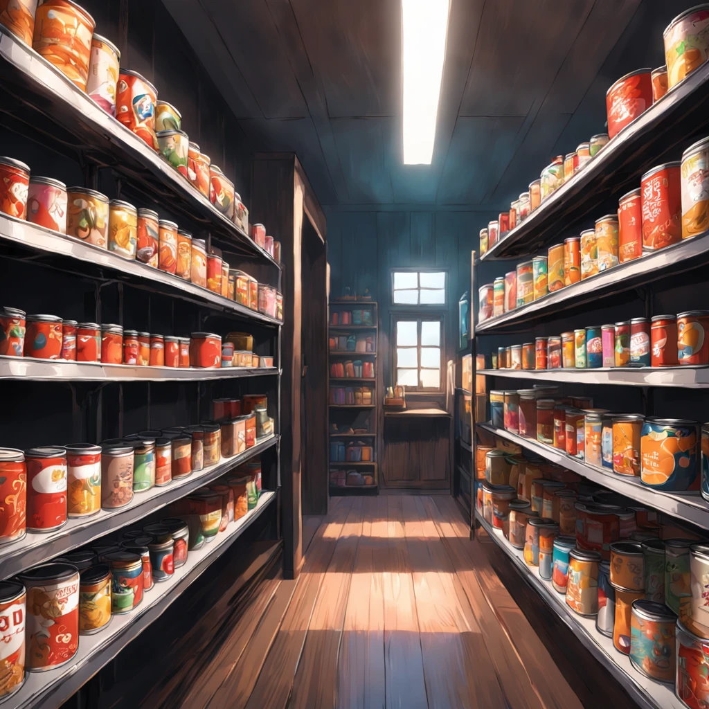 Canned goods in the foreground on wooden shelves, Inside the shop with black walls, With a blank square poster