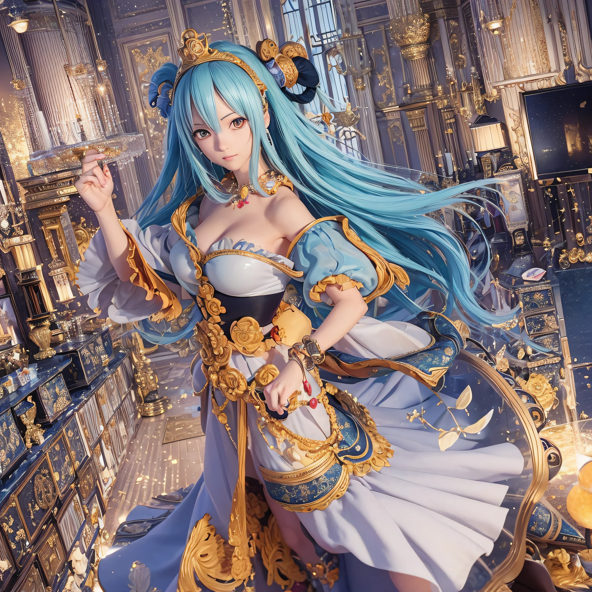 (3D anime:1.2, One Piece manga:1.1), high-quality 3D modeling, detailed texture, beautiful shading, (Vivi:1.3), dynamic pose, royal expression, (Alabasta:0.9, castle:0.9, palace:0.9), royal insignia, flowing dress, orange and floating hair, (mascot:0.8), orange eyes, charming charm.