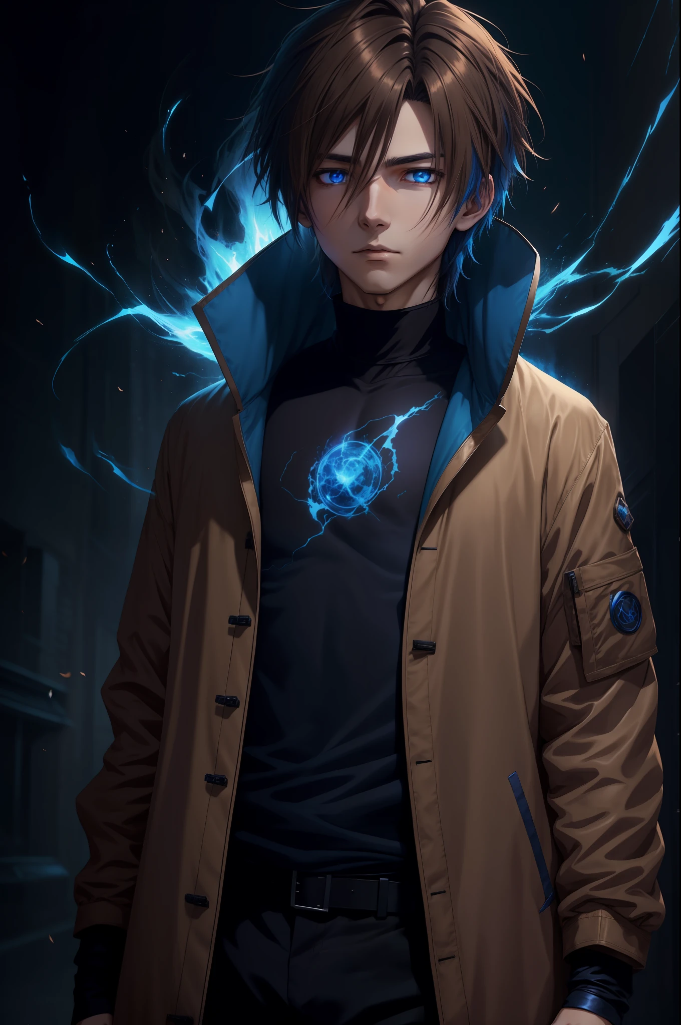 Anime boy wearing beige jacket hair split in half in dark brown tone with an aura of blue magic around him in a dark ambient setting posing for a high resolution cinematic photo