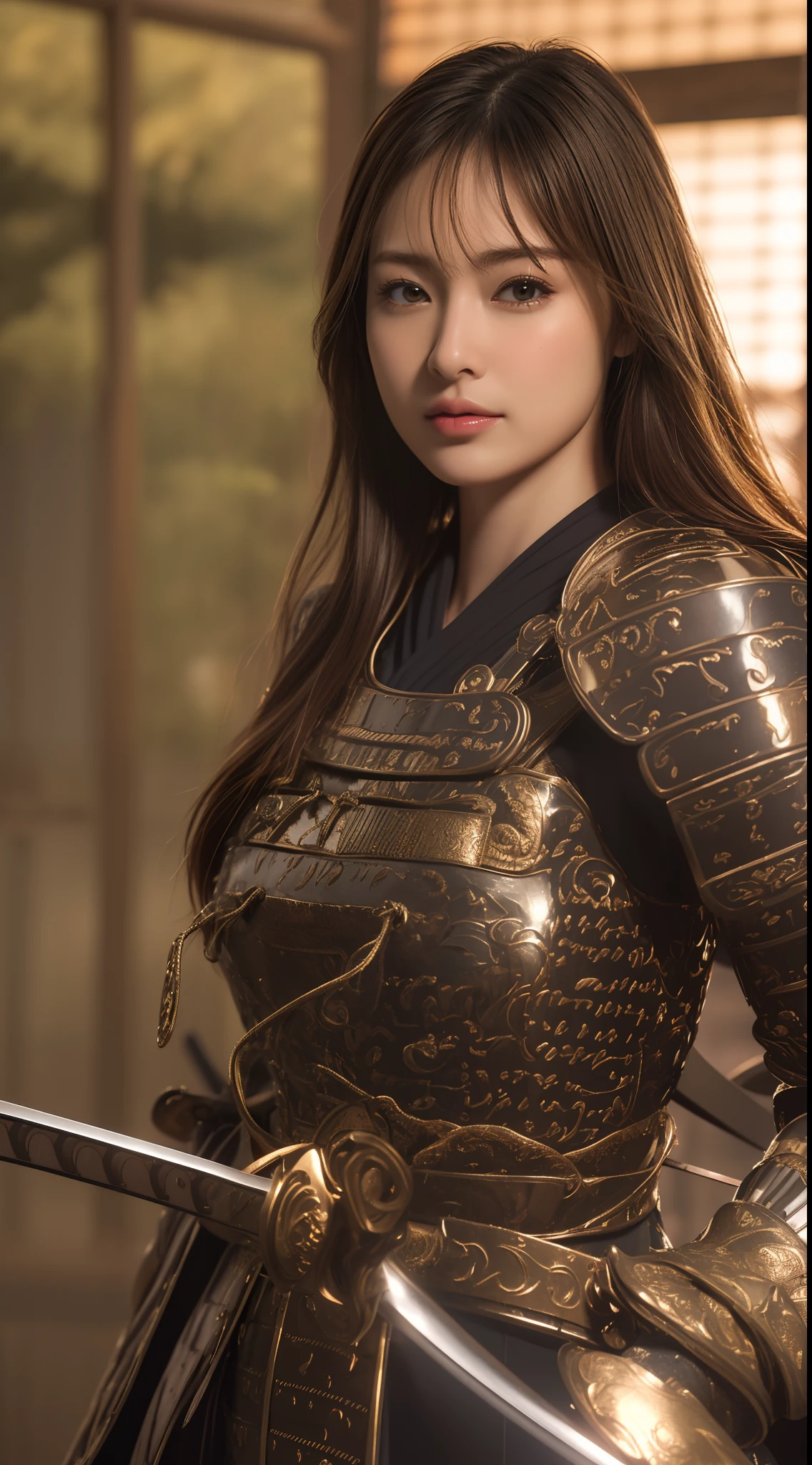 ((masutepiece))), ((Best Quality)), ((ultra-detailliert)), (Surreal), (High Definition CG Illustration), Cinematic Light, Realistic, Very beautiful young lady, Sexy, Big breasts, Light makeup,, Intricate details EABA, cloaks, spear、Samurai、s Armor、Japanese Katana Sword、warrior、battle、