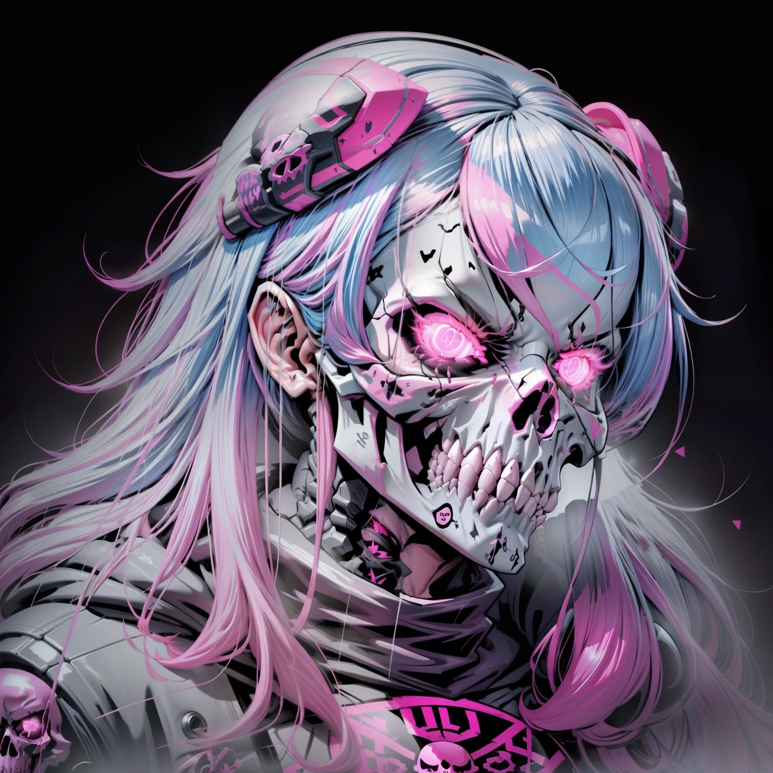 kull with a pink face on a dark background, skullish, pink face, skull face, skull, spooky cartoon skull, skull like, skull head, pink angry bubble, glowing pink face, ((skull)), skull design girl, featuring pink brains, neonpunk, deathpunk, punk grim reaper, pink iconic character, cyberpunk style