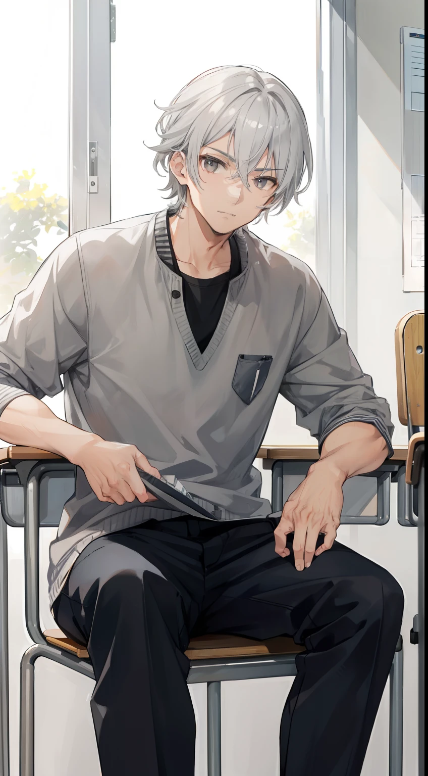 A man, gray hair and gray eyes, wearing a highschool clothes, sitting in the classroom, badass, mascular
