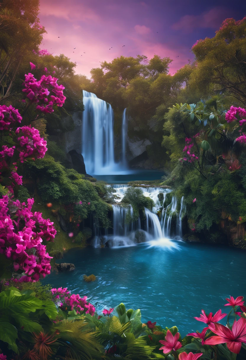 A waterfall with blue waters in a beautiful place with flowers, birds, trees and blue sky