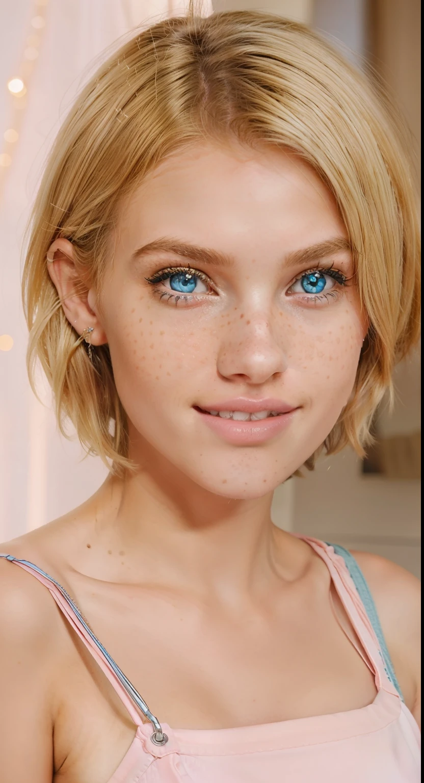 cute 18 year old girl, short blonde hair, sparkling blue eyes, freckled skin and pink lips with slightly parted teeth hiper realistic