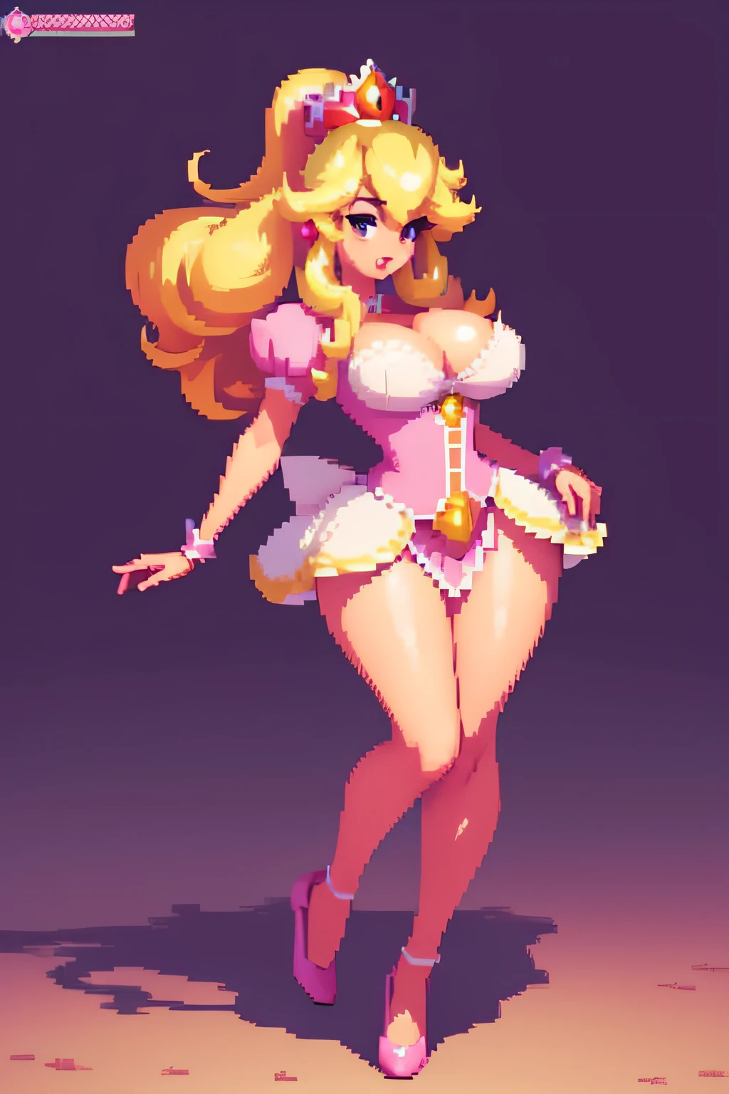 Princess Peach, cleavage, (masterpiece, top quality, best quality), pixel, pixel art, 1girl, full body, Elegant, Attractive, feminine charm, provocative pose, expressive body language,