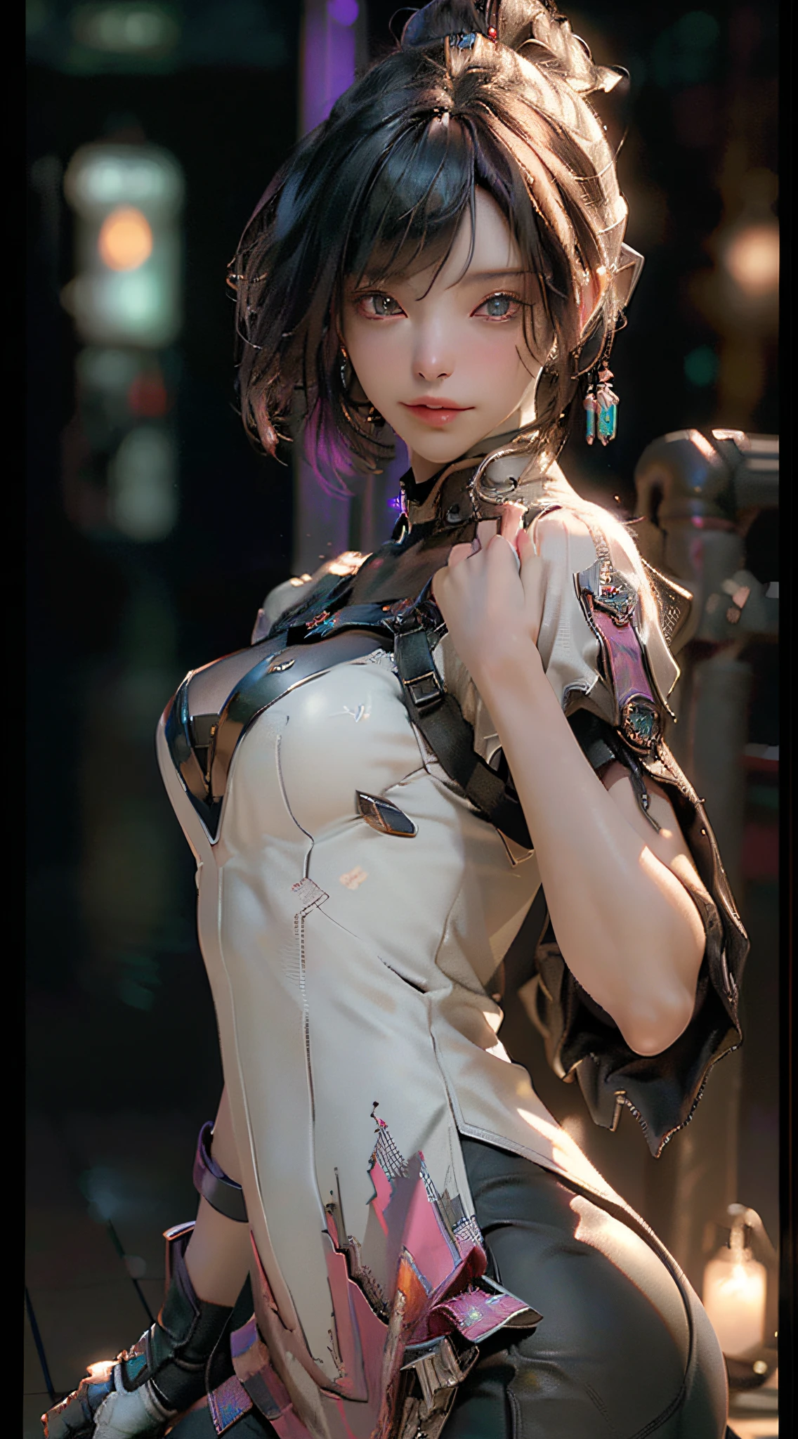 ((best qualtiy)), ((tmasterpiece)), (the detail:1.4), 3D, A beautiful cyberpunk female image,hdr（HighDynamicRange）,Ray traching,NVIDIA RTX,Hyper-Resolution,Unreal 5,Subsurface scattering、PBR Texture、post-proces、Anisotropy Filtering、depth of fields、maximum definition and sharpness、Many-Layer Textures、Albedo e mapas Speculares、Surface coloring、Accurate simulation of light-material interactions、perfectly proportions、rendering by octane、Two-colored light、largeaperture、Low ISO、White balance、the rule of thirds、8K raw data、long leges