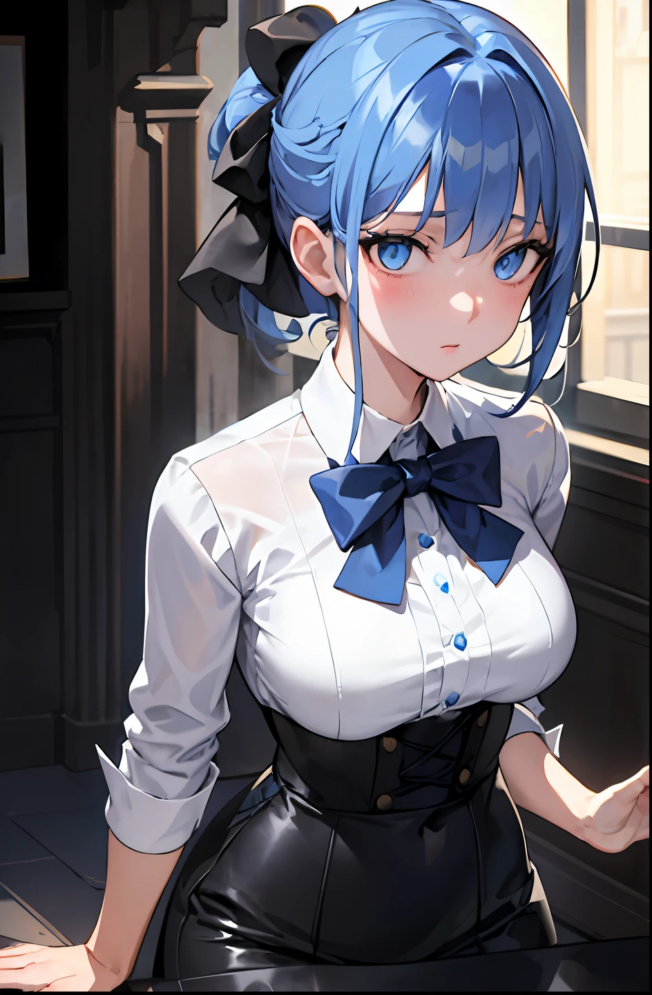 ((masterpiece)),(best quality),(detailed),(1girl), blue hair, blue glowing eyes, Updo, white shirt, black skirt, looking down on the viewer