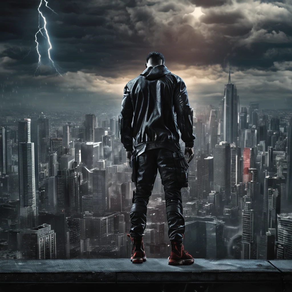 THE MUAITAY FIGHTER ,whole body ,ultra realist,unreal engine,hiper realist,photorealistr,cinematografic on top of skycraper,cloud storms ,punisher t shirt black,