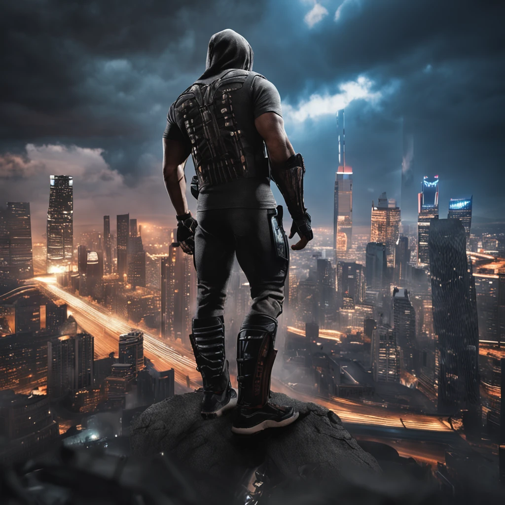 THE MUAITAY FIGHTER ,whole body ,ultra realist,unreal engine,hiper realist,photorealistr,cinematografic on top of skycraper,cloud storms ,punisher t shirt black,