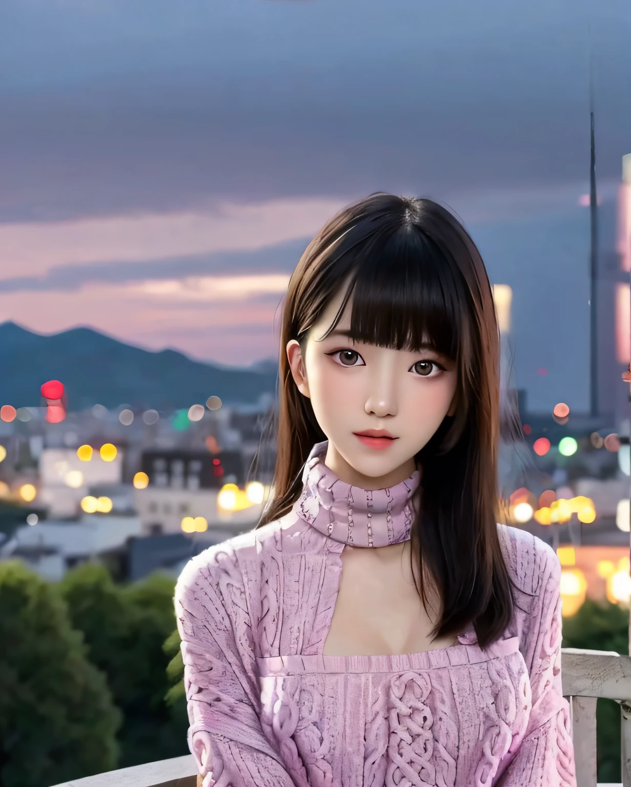 pureerosface_v1, best quality, photorealistic, 8k, high res, full color, 1girl, woman, 20 years old woman, (closed mouth:1.35), (skindentation), (portrait:0.6),  ((cityscape background:1.52)), full color, ((highnecksweater:1.68)), straight-looking at viewer:1.8, (1girl eyes looking at viewer:1.55), (medium-length hair, blackhair, partedbangs:1.45), (bokeh),