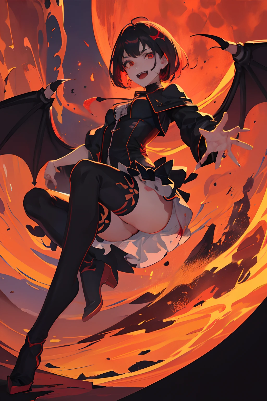 (Masterpieces: 1.2, best quality), (best lighting, very delicate and beautiful), (best lighting, very delicate and beautiful), (beautiful detailed face), (detailed eyes and detailed faces: 1.2), dark fantasy, vampires, (young girl, little beast, 1girl, solo, crazy smile, pale skin, black short hair, red glowing eyes, dynamic angles, dynamic poses, vampires, vampire fangs), (get vampire castle in the background), (red moon, red sky), fangs, ((blood on the face))), blood rain, blood fog, (depth of field), high contrast, (blood splash: 1.4), cowboy shot, full body,