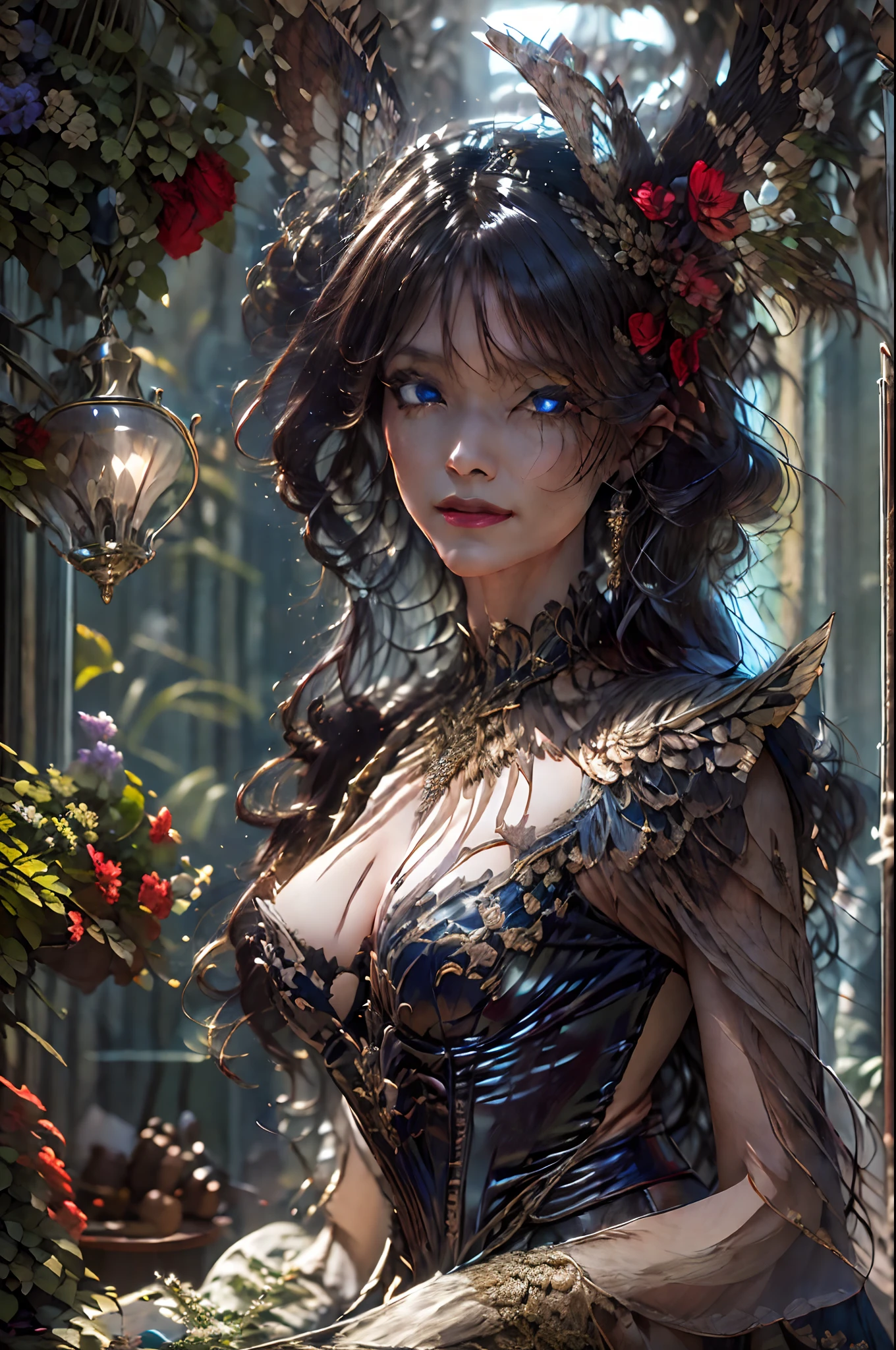 high details, best quality, 16k, RAW, [best detailed], masterpiece, best quality, (extremely detailed), full body, ultra wide shot, photorealistic, dark fantasy art, goth art, RPG art, D&D art, a picture of a dark female fairy showing flowers in a florist shop, extremely beautifil fairy, ultra feminine (intense details, Masterpiece, best quality), best detailed face (intense details, Masterpiece, best quality), having wide butterfly wings, spread buterfly wings (intense details, Masterpiece, best quality), dark colors wings (intense details, Masterpiece, best quality), black hair, long hair, shinning hair, flowing hair, shy smile, innocent smile, blue eyes, dark red lips, wearing [red] dress latex corset (intense details, Masterpiece, best quality), dynamic elegant skirt short_lpskirt, chocker, wearing high heels, in flower shop (intense details, Masterpiece, best quality), [extreme many flowers] (intense details, Masterpiece, best quality), dark colorful flowers (intense details, Masterpiece, best quality), flower shop in a dark goth era street background, dim light, cinematic light, gaslight lamp light, High Detail, Ultra High Quality, High Resolution, 16K Resolution, Ultra HD Pictures, 3D rendering Ultra Realistic, Clear Details, Realistic Detail, Ultra High Definition