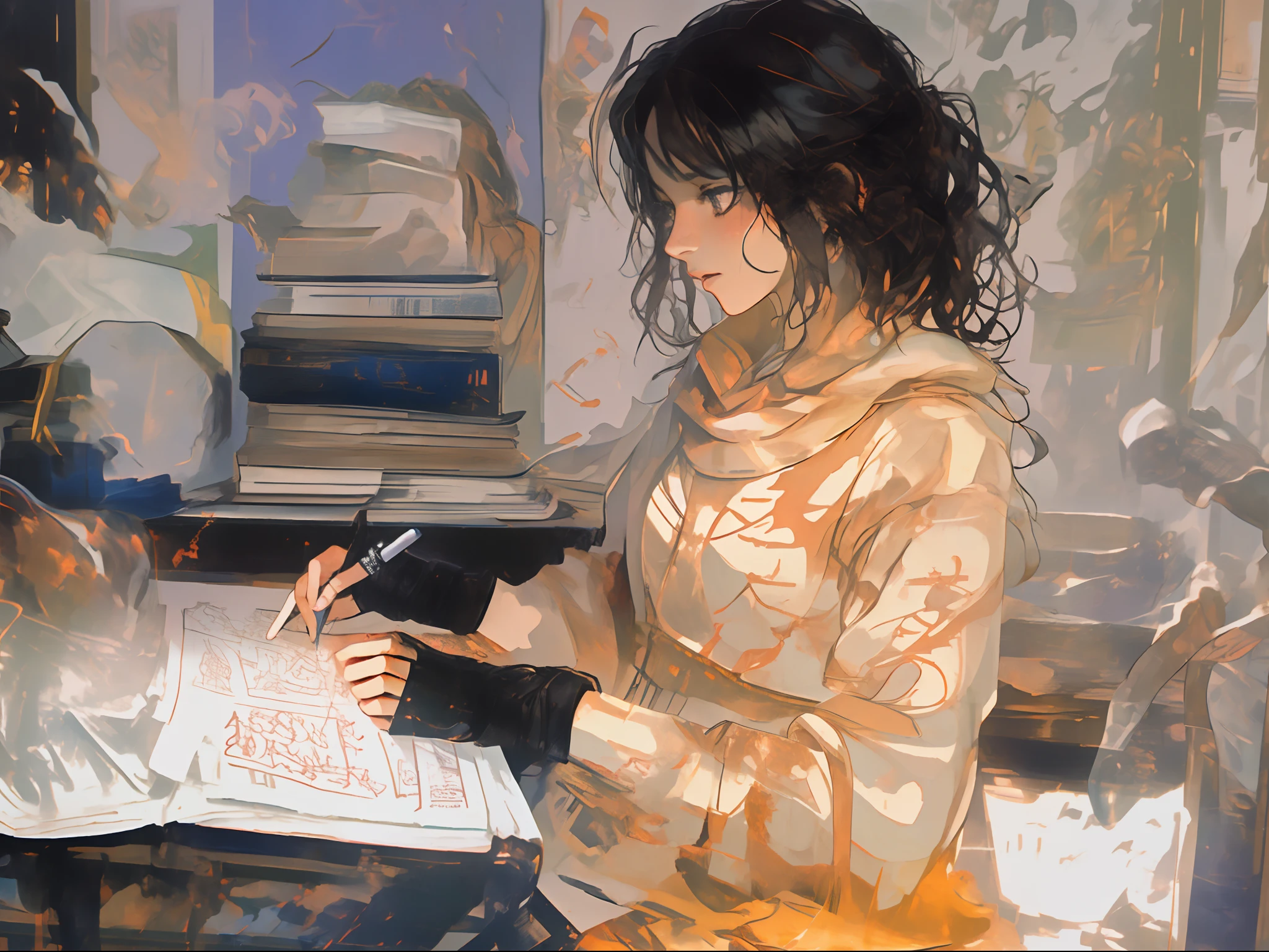 Master piece, detalles absurdos, There is a pretty woman sitting at a desk with a book and a pen., pelo recogido en coleta, lleva guantes negros, tratando de estudiar, Estudiando, ropa y estilo oriental, escenario entre bosques y arboles, sat at her desk, estudioso, illustration!, laborable, Estudiante femenina de arte emo, Postura del hombro en la parte delantera, claroscuro estudioso, Sentado en un escritorio