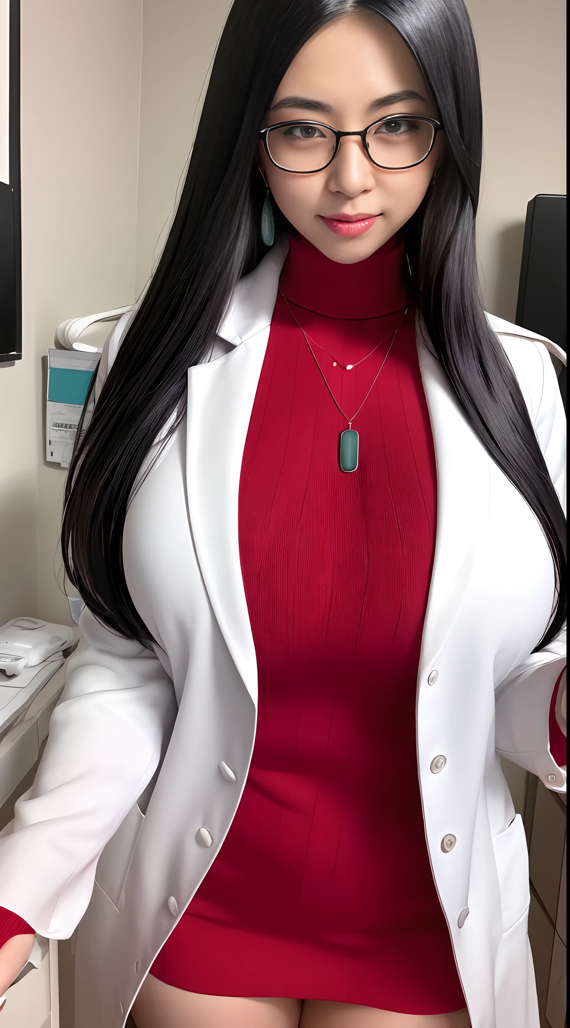 masterpiece, best quality, minazukikyouko, black hair, glasses, necklace, earrings, red sweater, turtleneck, labcoat, black miniskirt, largest breasts, upper body, looking at viewer, doctor's office, smile, mischievous