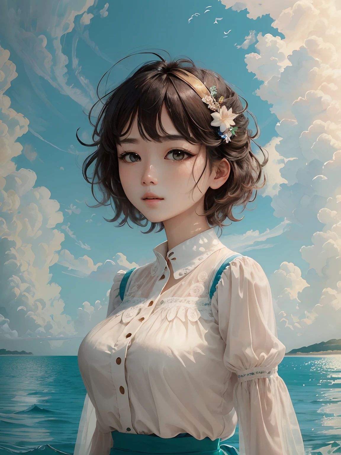 (illustratio),(messy hair:1.2),(frilld:1.2),(1个Giant Breast Girl),(solo person),dynamic angle,Large blouse sleeves,afloat,beautiful detailed sky,Beautiful and delicate water,美丽细致的眼睛,over exposure,(Faust),face expressionless,Side punch bangs,Between the eyes