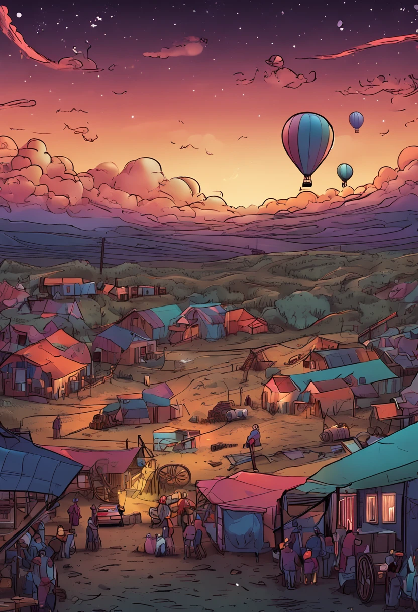 gas balloon factory, craftsman, sunset as day turns to night, a starry sky begins to emerge, immersive image