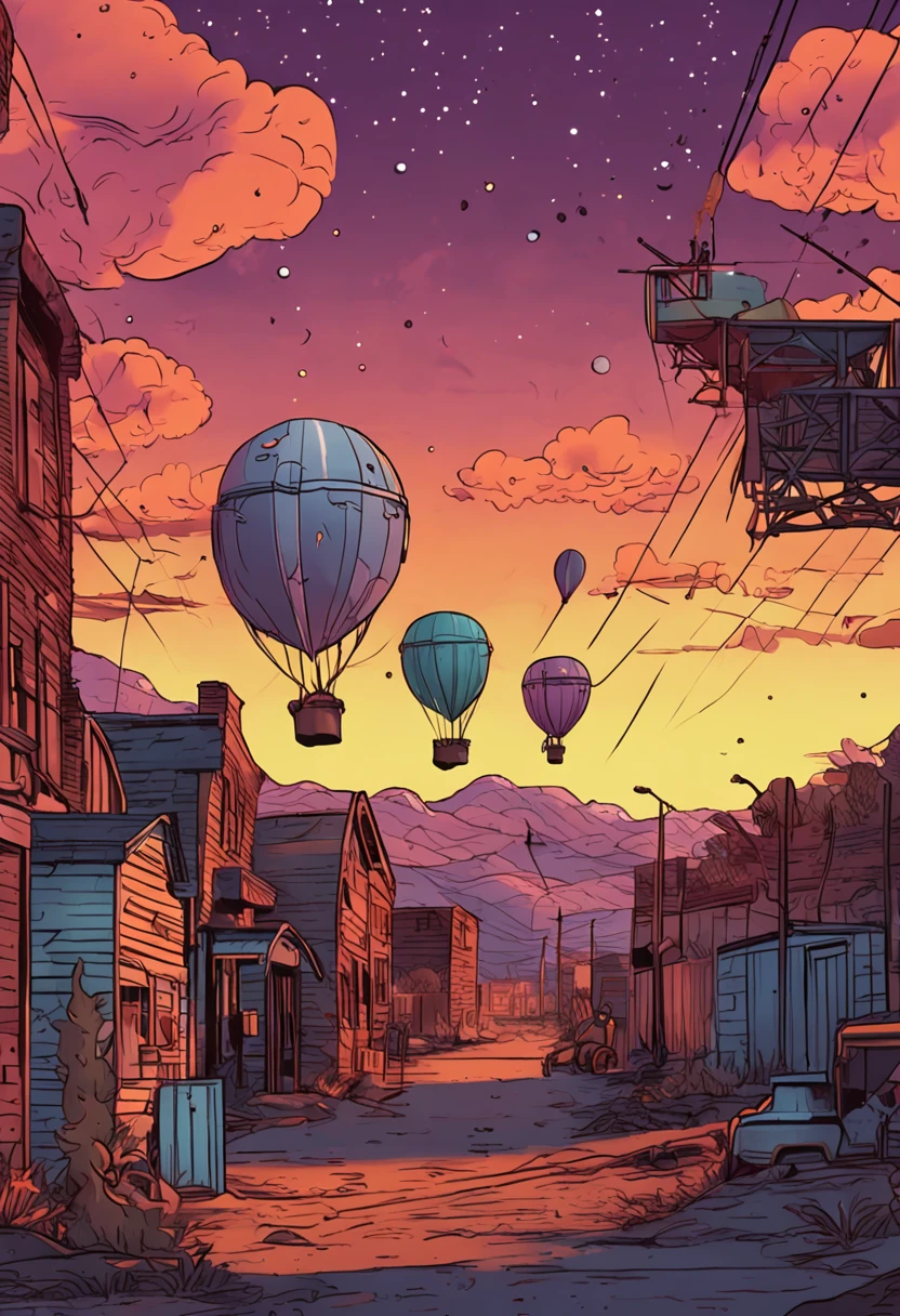 gas balloon factory, craftsman, sunset as day turns to night, a starry sky begins to emerge, immersive image