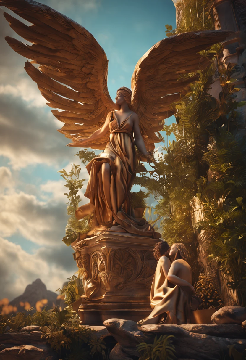 Paradise with angels playing harp, anjos conversando em harmonia