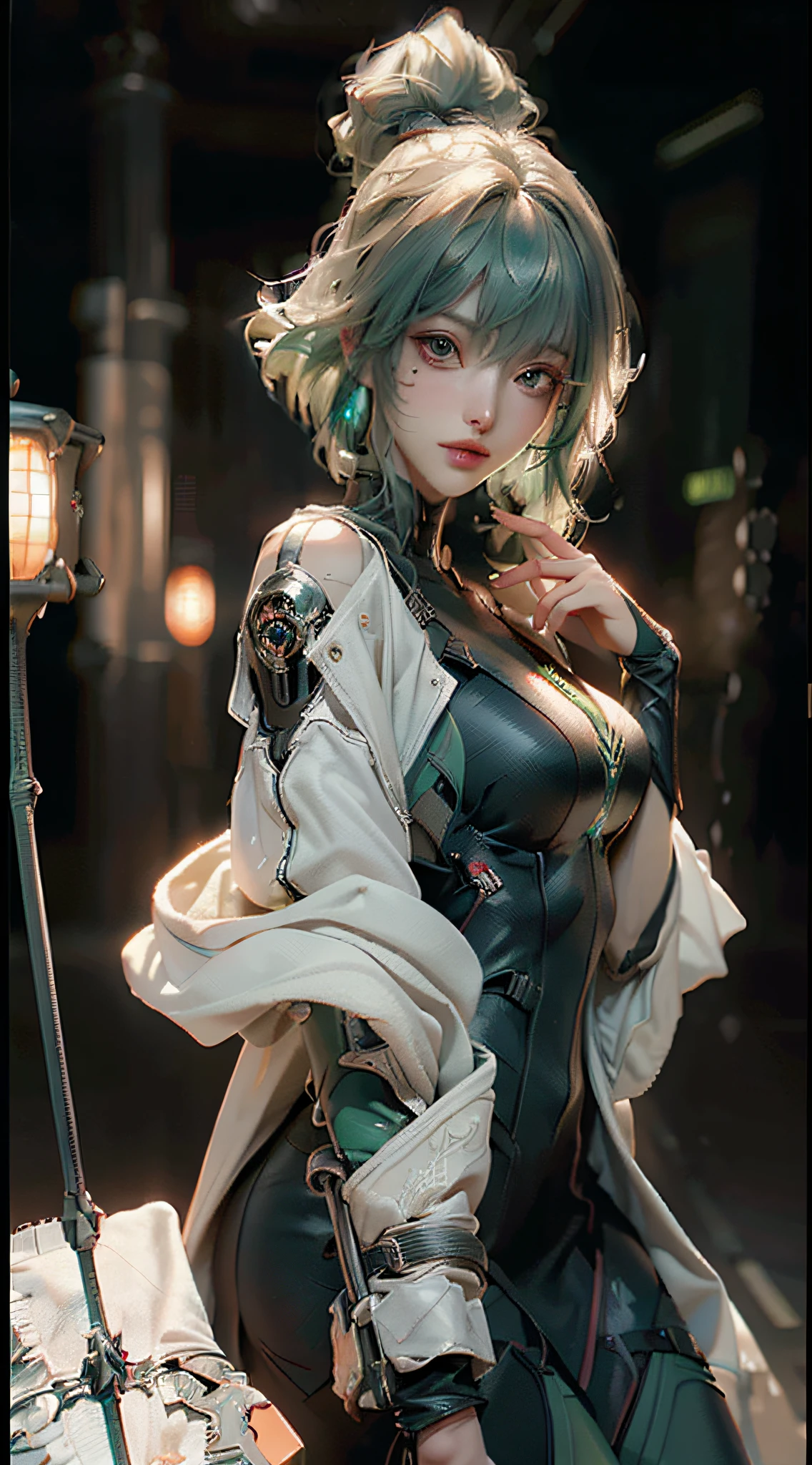 ((Best quality)), ((masterpiece)), (detailed: 1.4), 3D, an image of a beautiful cyberpunk woman, green hair, night metropolis background, HDR (High Dynamic Range),Ray Tracing,NVIDIA RTX,Super-Resolution,Unreal 5,Subsurface dispersion, PBR texture, Post-processing, Anisotropic filtering, Depth of field, Maximum clarity and sharpness, Multilayer textures, Albedo and specular maps, Surface shading, Accurate simulation of light-material interaction, Perfect Proportions, Octane Render, Two-Tone Lighting,Wide Aperture,Low ISO,White Balance,Rule of Thirds,8K RAW,