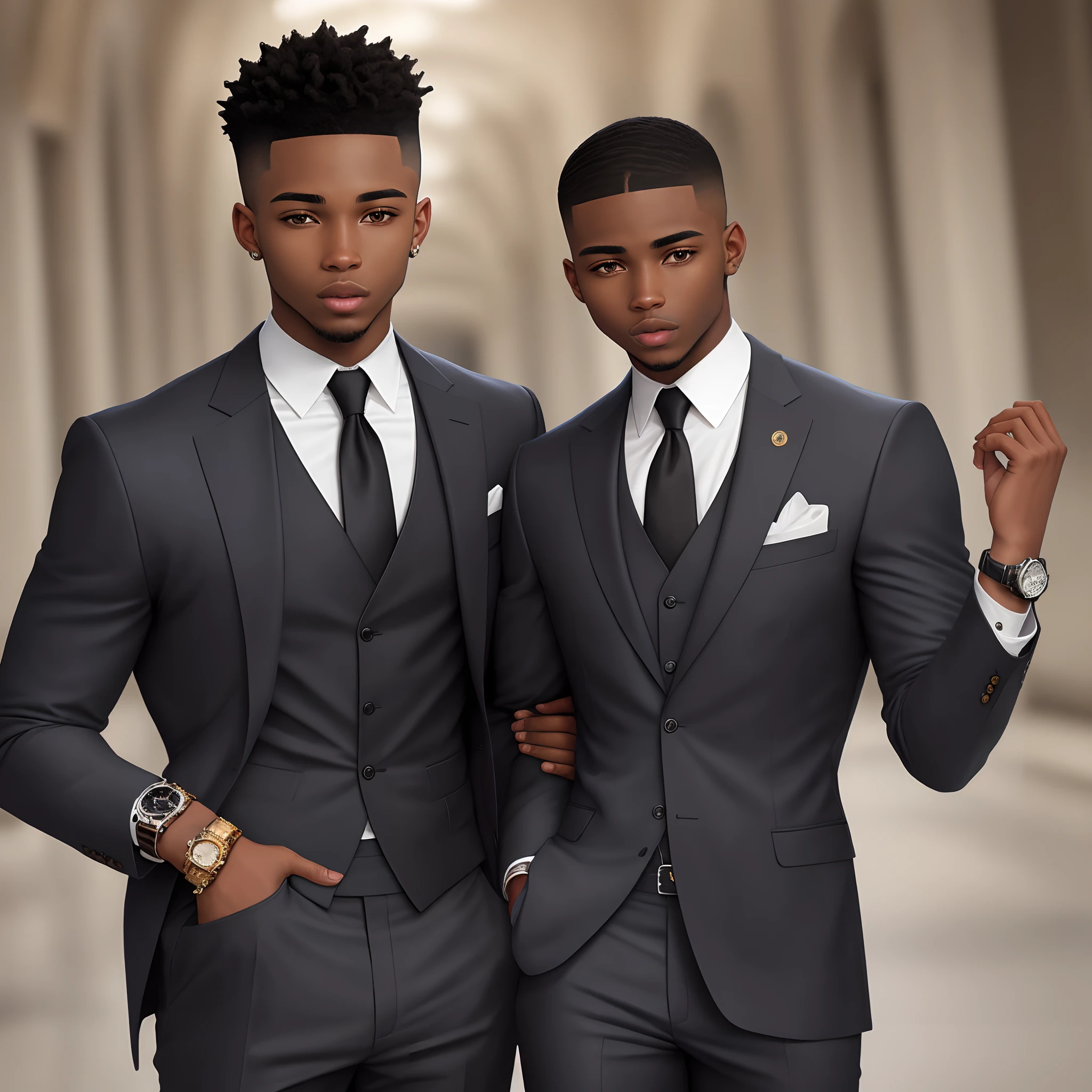 Young Black man with diaomond black suit that shines and a gold watch and a fade haircut