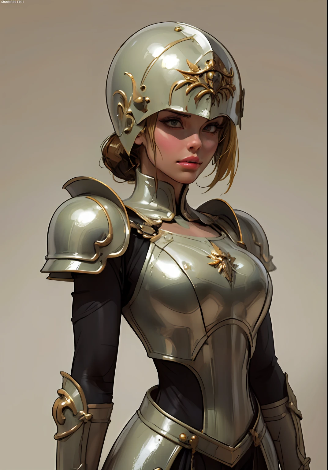 Gray clay style,(masterpiece, best quality), Grayscale,a woman in armor, full armor,helmet,armor,extra arms,breastplate, dark brown skin tone, platinum blonde hair, hair under helmet, pixiecut, dainty, perfect face, pretty face, lush detail,
