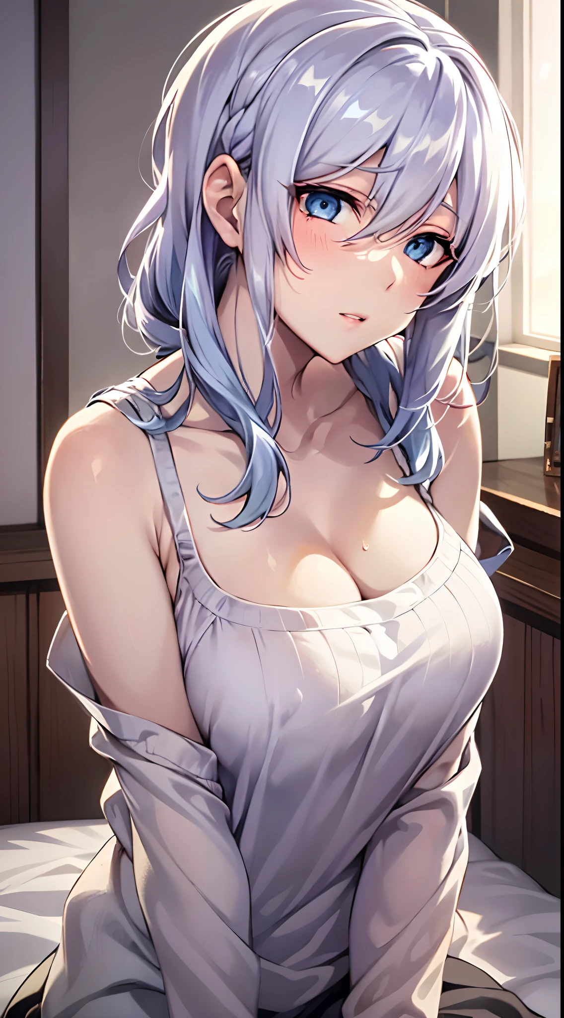 Yukino, in bed, silver hair and  blue eyes, white shirt and no bra, anime visual of a cute girl, screenshot from the anime film, & her expression is solemn, in the anime film, in an anime, anime visual of a young woman, she has a cute expressive face, still from anime, big breast, red cheek, lustful face, fair skin