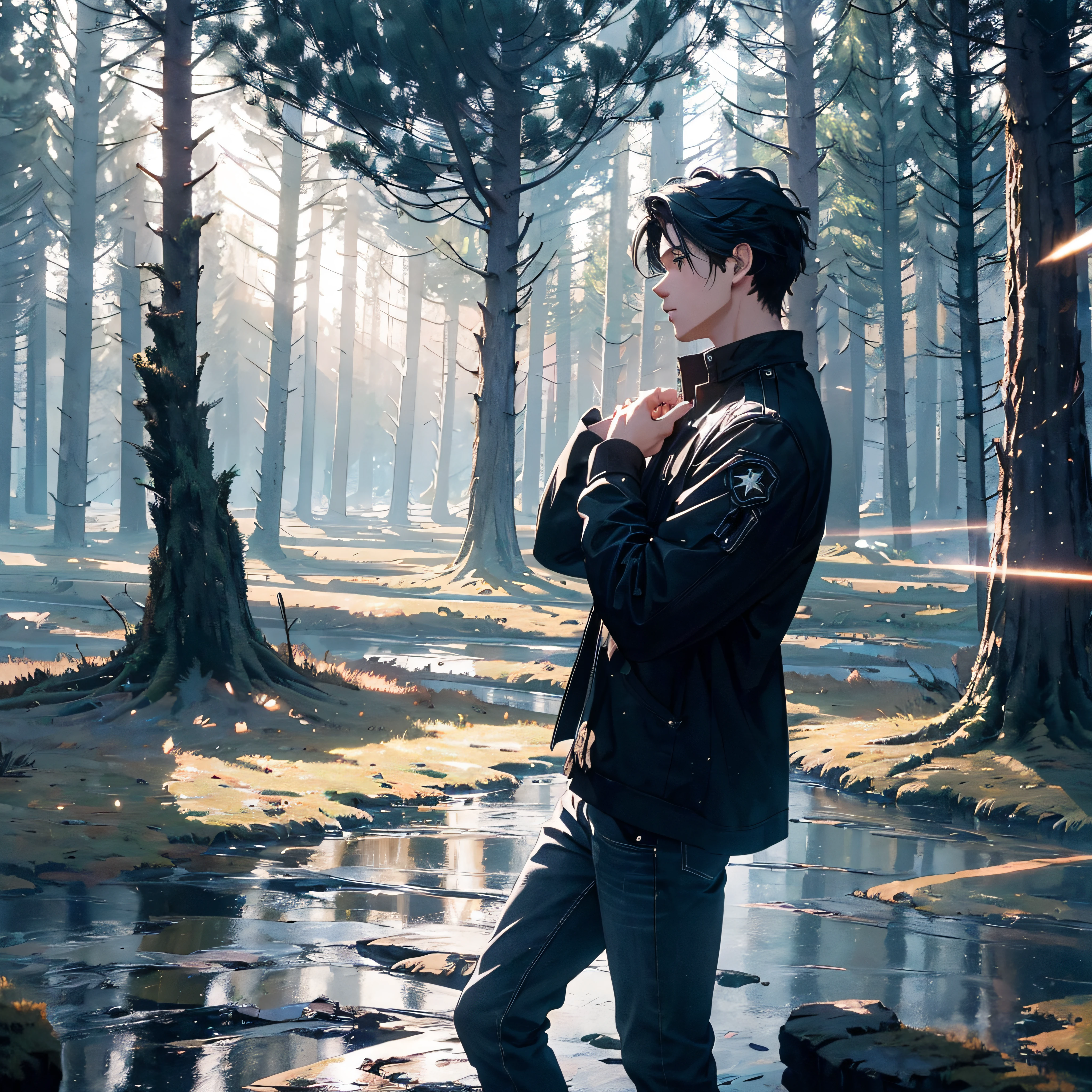 ((Best Quality, 8K, Masterpiece: 1.3)), landscape, morning shoot, star trail, slow speed, standing young man with black hair, black jeans, look at the stars, amazing scenery, hundreds of stars forming a circle, light waves, masterpiece.