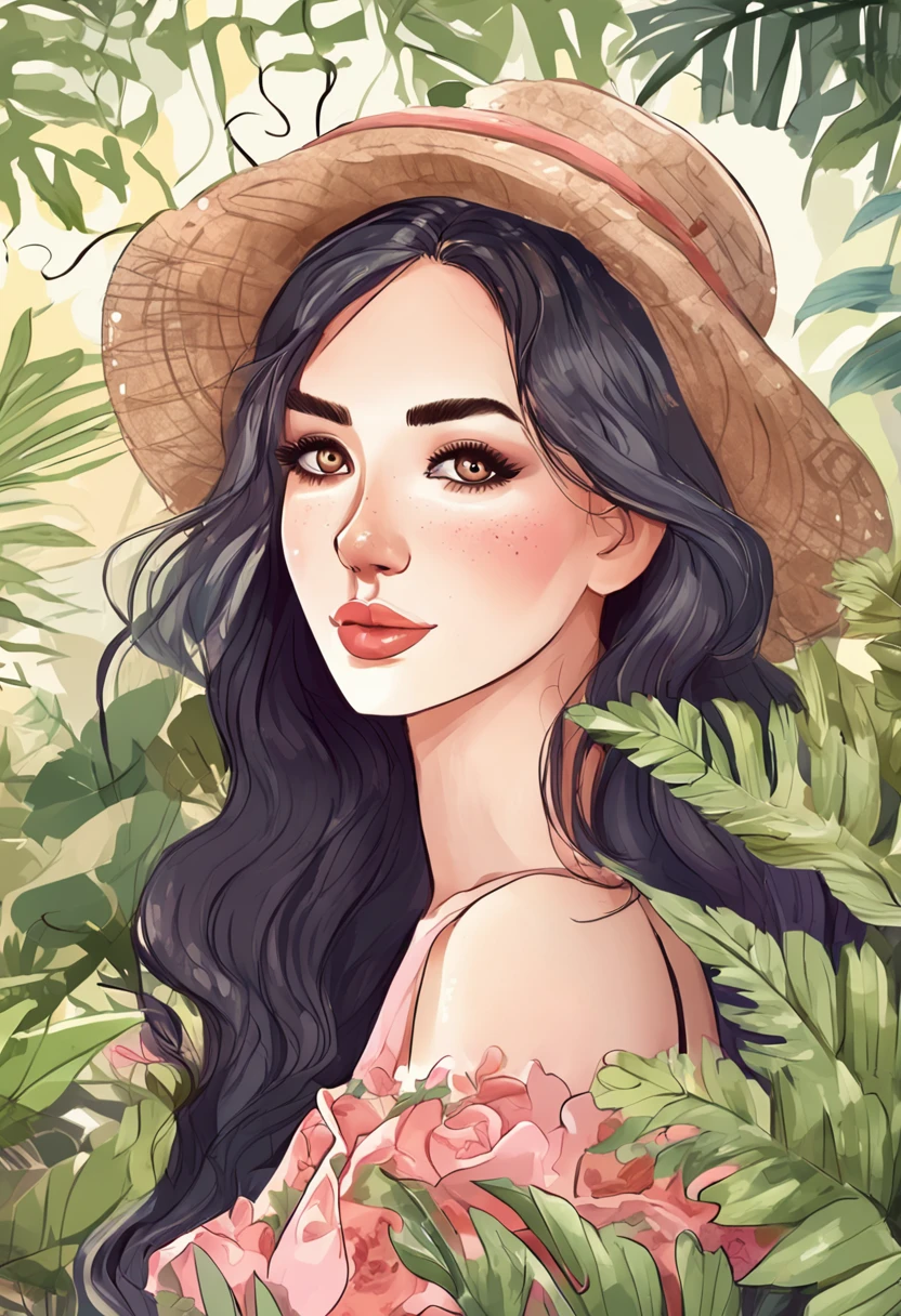 Illustration of a 25 year old woman with earrings, black hair, a pink lacy top and short denim shorts, she is standing in a garden, digital illustration style, cartoon style illustration, beautiful art style, trends in artstration, beautiful digital illustration, beautiful digital art, cartoon art style, cute detailed digital art, exquisite digital illustration, Cute drawing style, Amazing art style, Vector art style, Digital anime illustration, 2D illustration