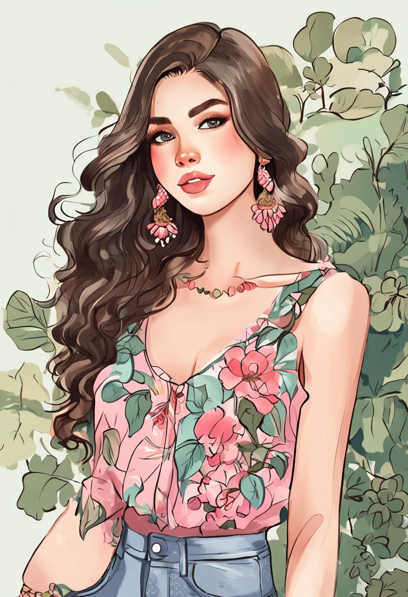 Illustration of a 25 year old woman with earrings, black hair, a pink lacy top and short denim shorts, she is standing in a garden, digital illustration style, cartoon style illustration, beautiful art style, trends in artstration, beautiful digital illustration, beautiful digital art, cartoon art style, cute detailed digital art, exquisite digital illustration, Cute drawing style, Amazing art style, Vector art style, Digital anime illustration, 2D illustration
