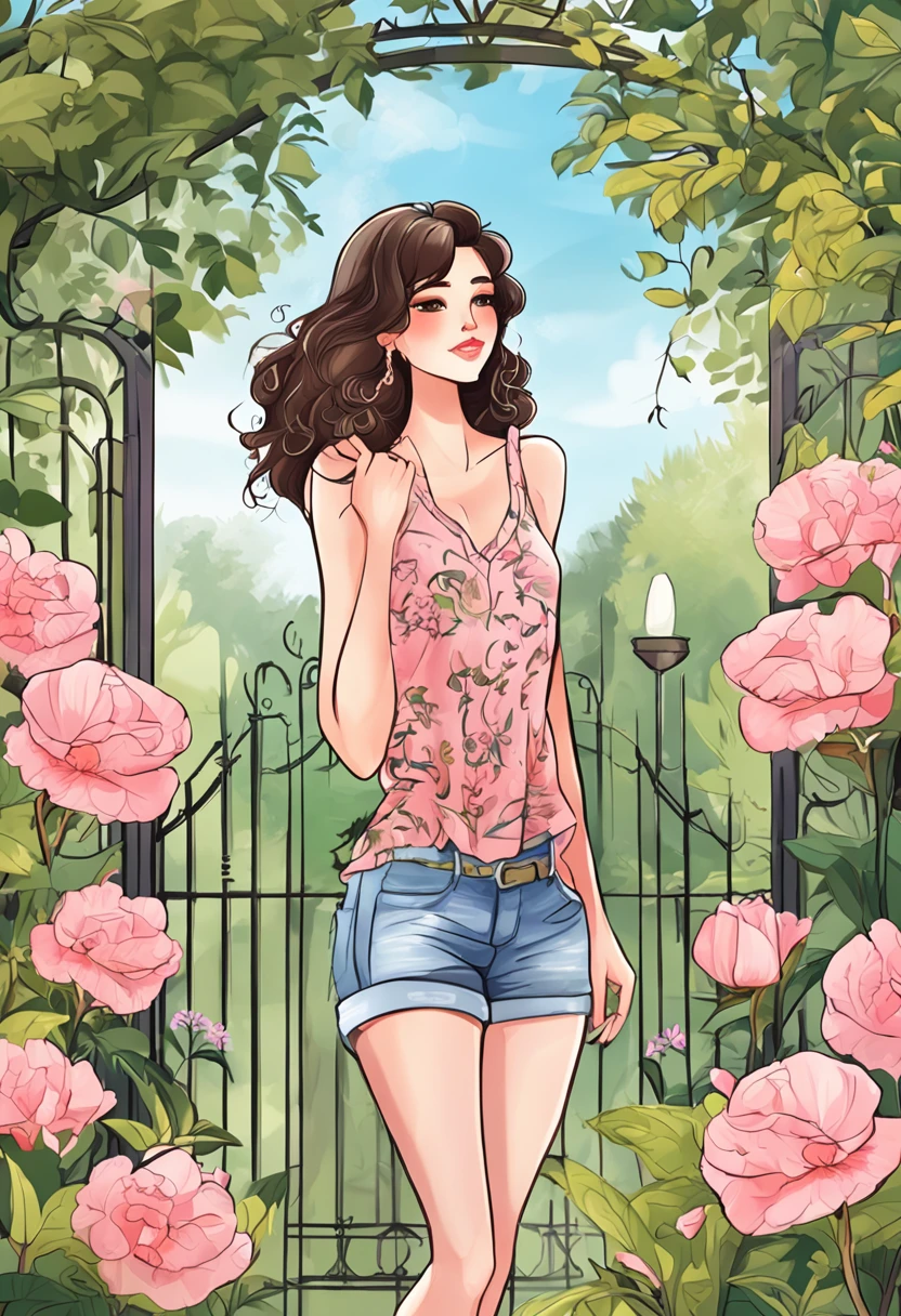 Illustration of a 25 year old woman with earrings, black hair, a pink lacy top and short denim shorts, she is standing in a garden, digital illustration style, cartoon style illustration, beautiful art style, trends in artstration, beautiful digital illustration, beautiful digital art, cartoon art style, cute detailed digital art, exquisite digital illustration, Cute drawing style, Amazing art style, Vector art style, Digital anime illustration, 2D illustration