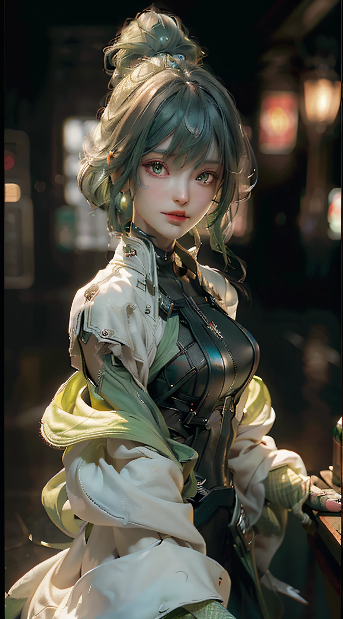 ((Best quality)), ((masterpiece)), (detailed: 1.4), 3D, an image of a beautiful cyberpunk woman, green hair, night metropolis background, HDR (High Dynamic Range),Ray Tracing,NVIDIA RTX,Super-Resolution,Unreal 5,Subsurface dispersion, PBR texture, Post-processing, Anisotropic filtering, Depth of field, Maximum clarity and sharpness, Multilayer textures, Albedo and specular maps, Surface shading, Accurate simulation of light-material interaction, Perfect Proportions, Octane Render, Two-Tone Lighting,Wide Aperture,Low ISO,White Balance,Rule of Thirds,8K RAW,
