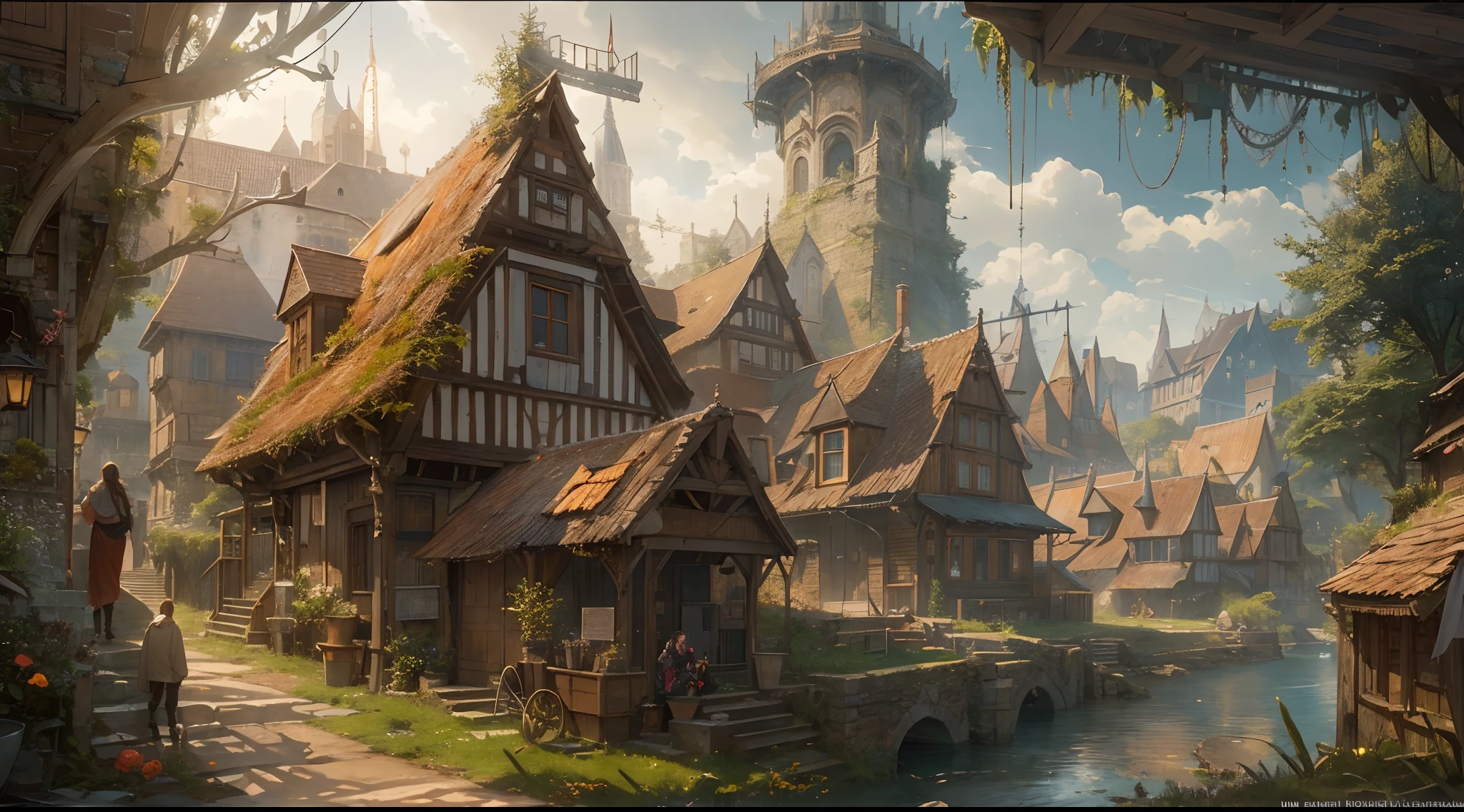 (by Greg Rutkowski: 1.2), (masterpiece), (best quality), extremely delicate and beautiful, illustration, (fantasy landscape), A mesmerizing fantasy landscape with enchanting elements blending seamlessly. (medieval village, houses, medieval fantasy), from Brian Froud and Carne Griffiths and Wadim Kashin and John William Waterhouse, 8K post-production, high resolution, hiper detailed, depth of field, HDR, intricate